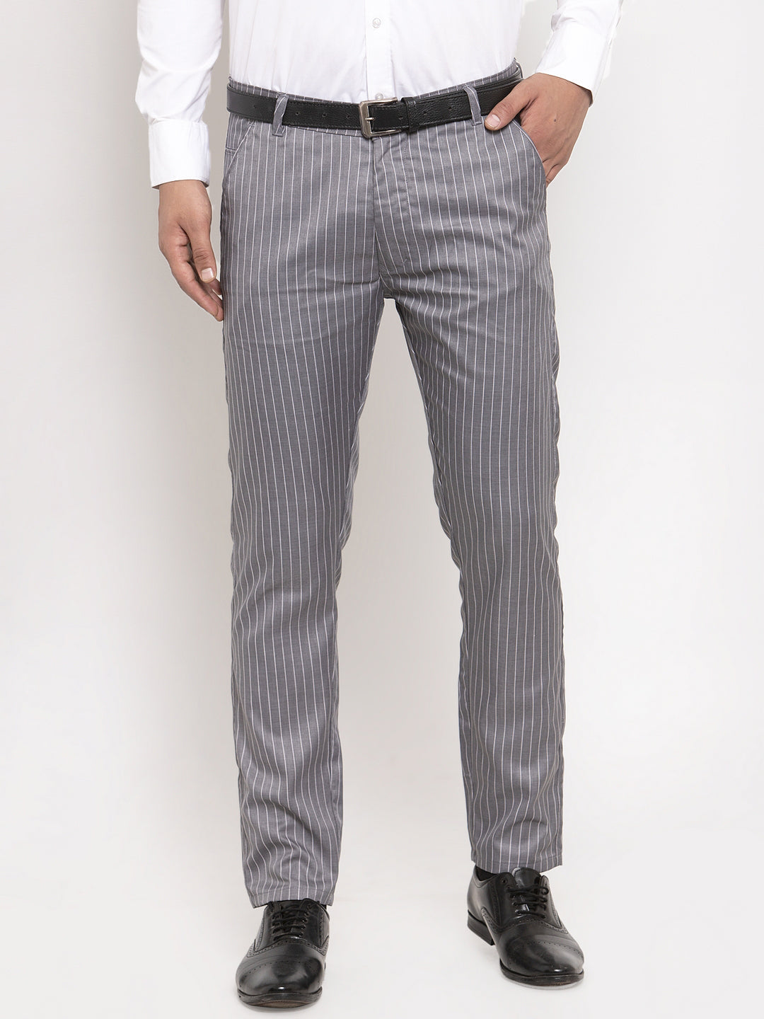 Men's Grey Cotton Striped Formal Trousers ( FGP 255Grey ) - Jainish