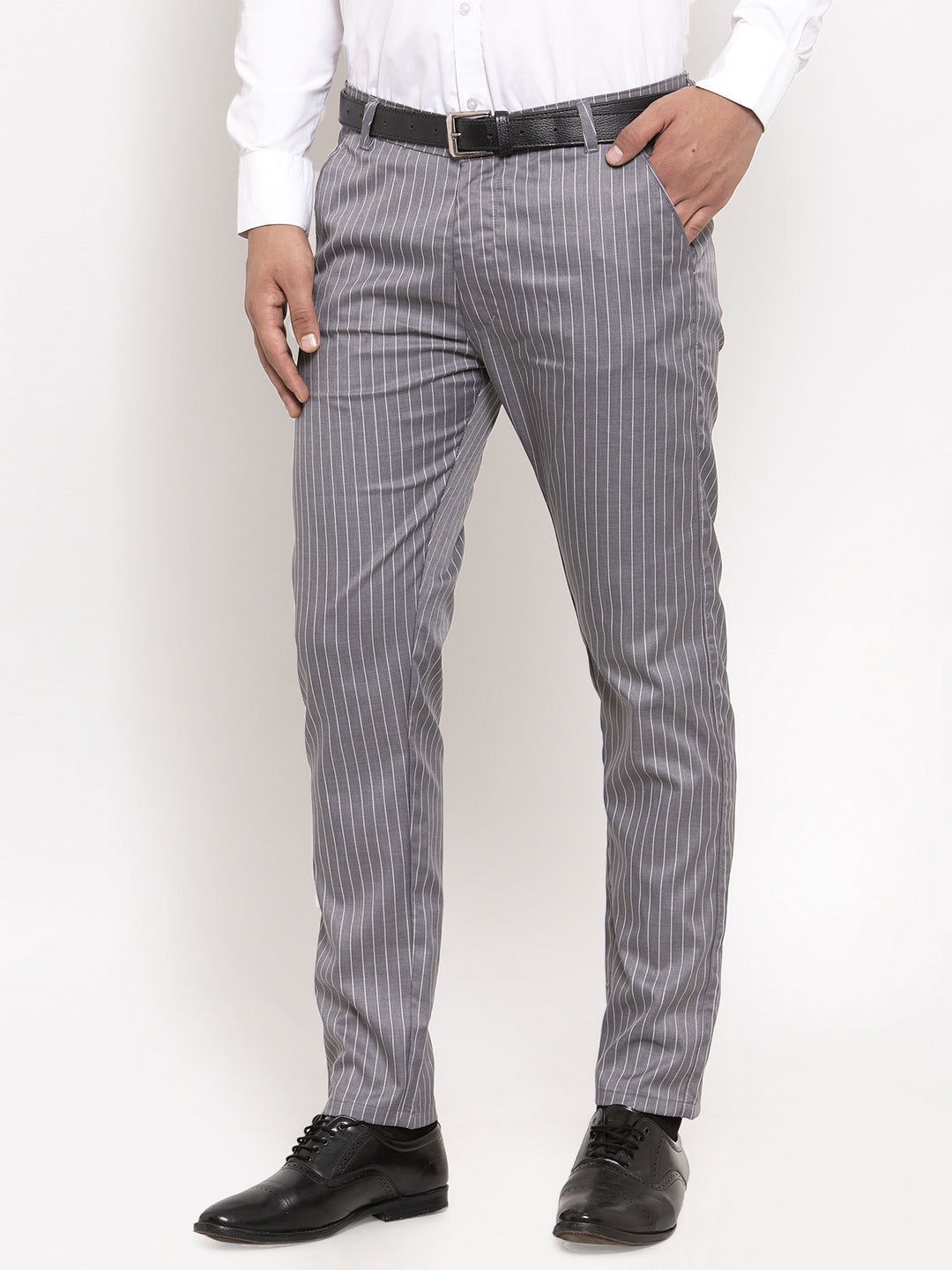Men's Grey Cotton Striped Formal Trousers ( FGP 255Grey ) - Jainish