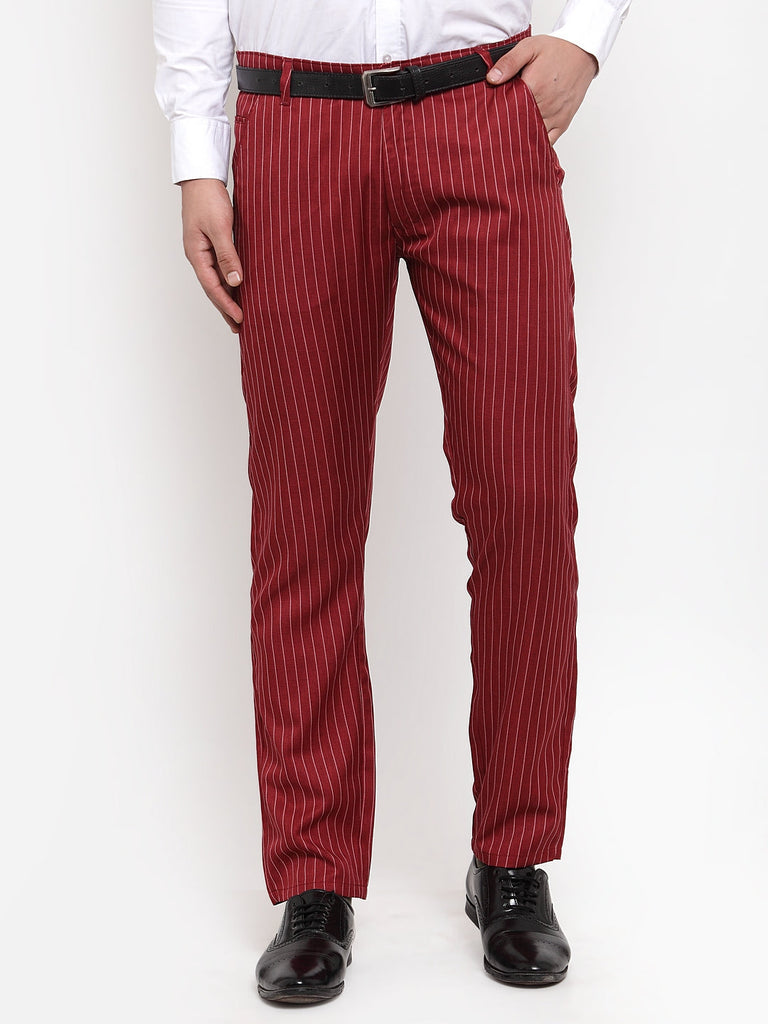Men's Red Cotton Striped Formal Trousers ( FGP 255Maroon )