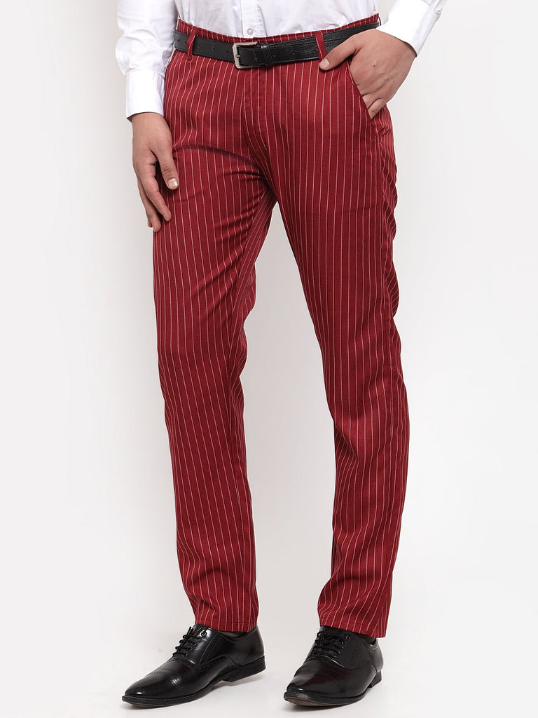 Men's Red Cotton Striped Formal Trousers ( FGP 255Maroon )