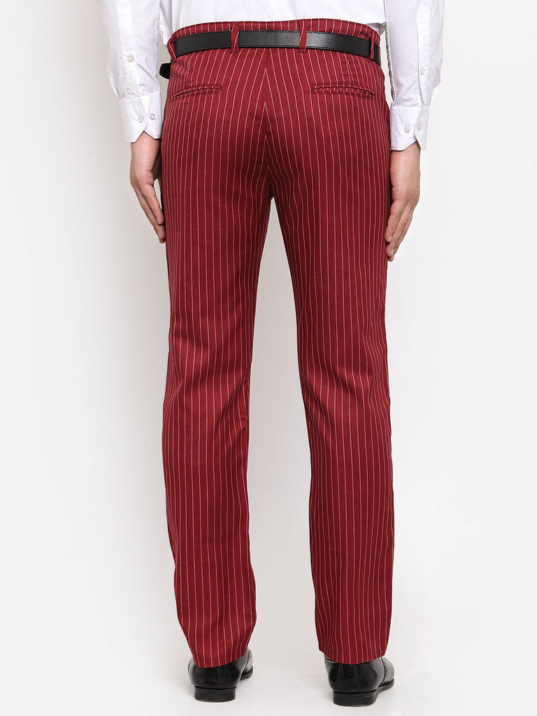 Men's Red Cotton Striped Formal Trousers ( FGP 255Maroon )