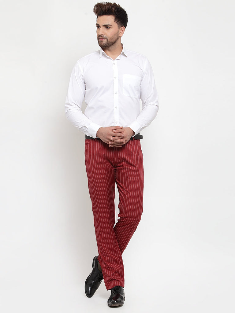 Men's Red Cotton Striped Formal Trousers ( FGP 255Maroon )