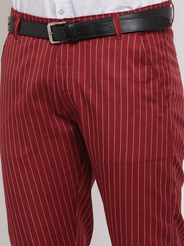 Men's Red Cotton Striped Formal Trousers ( FGP 255Maroon )
