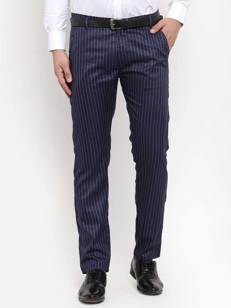 Men's Blue Cotton Striped Formal Trousers ( FGP 255Navy-Blue )