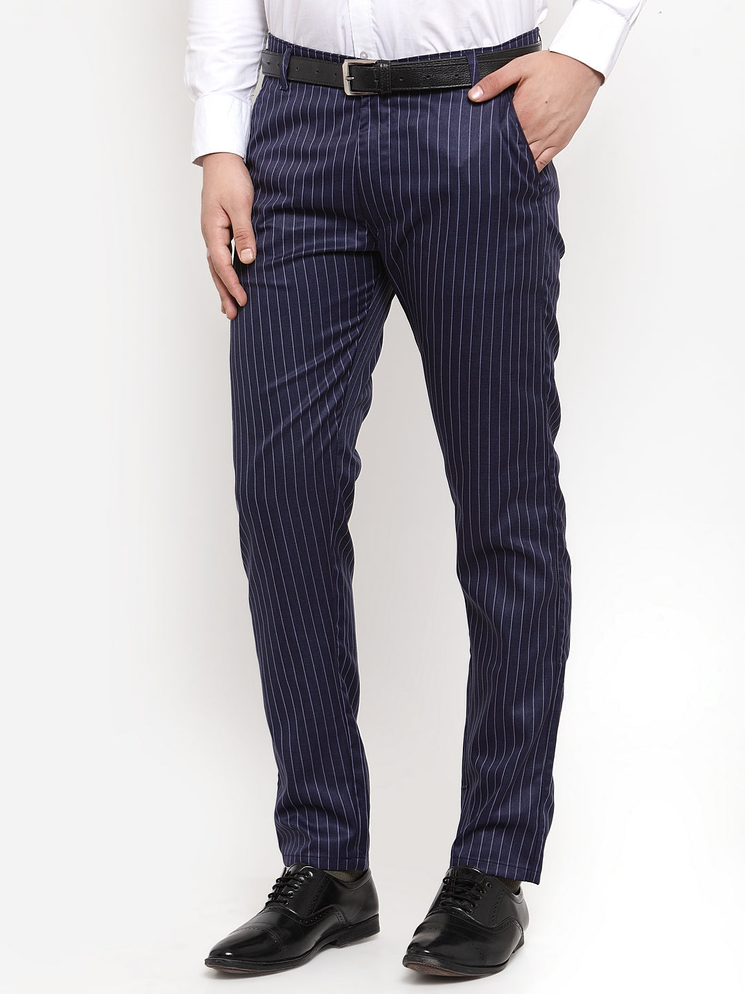Men's Blue Cotton Striped Formal Trousers ( FGP 255Navy-Blue ) - Jainish