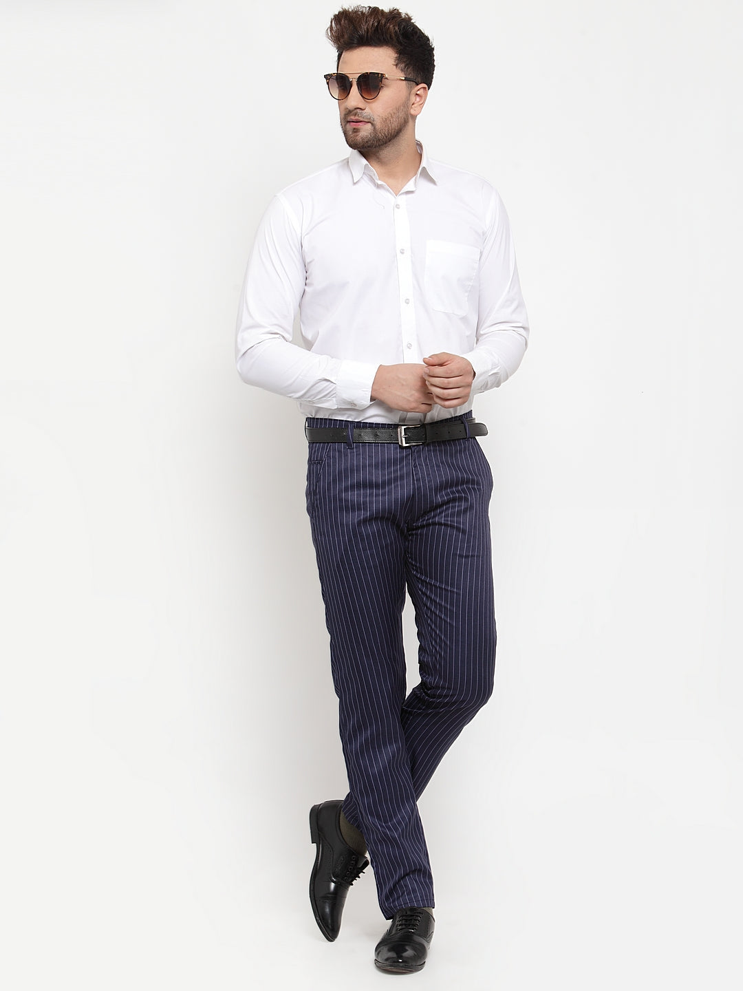 Men's Blue Cotton Striped Formal Trousers ( FGP 255Navy-Blue ) - Jainish