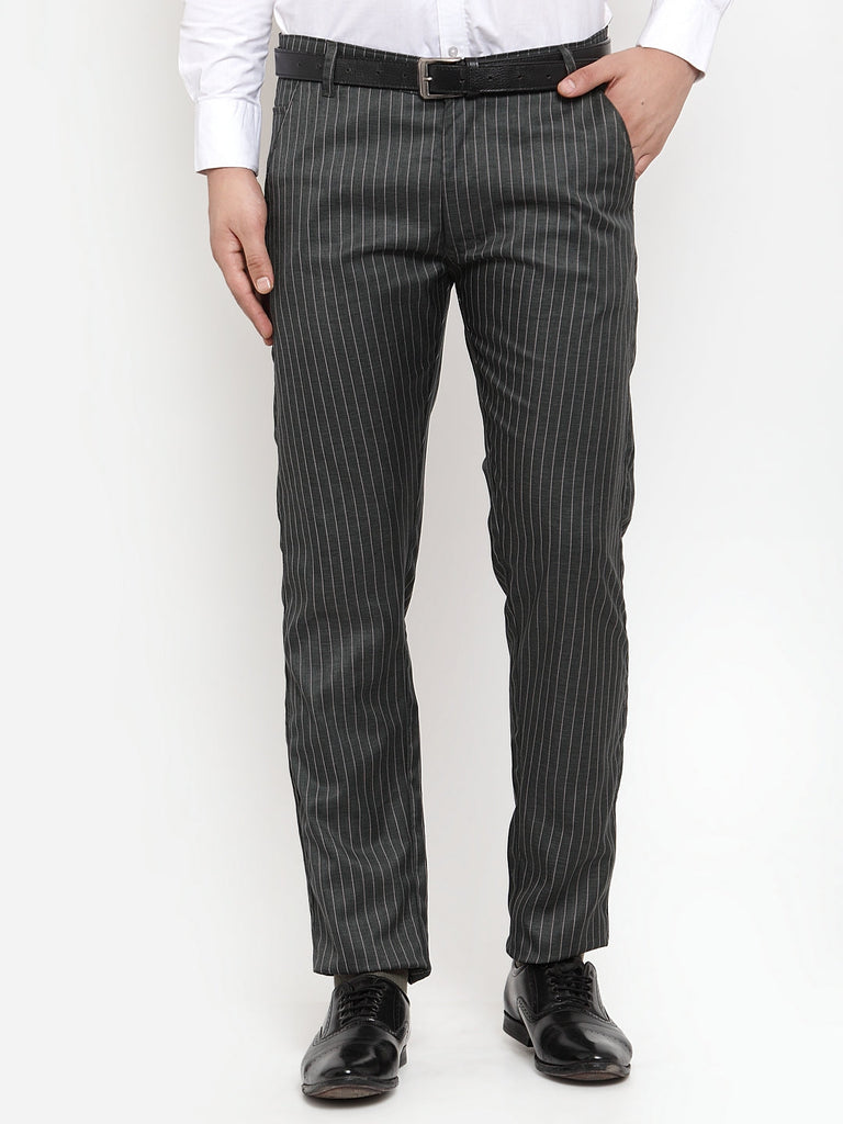 Men's Green Cotton Striped Formal Trousers ( FGP 255Olive )