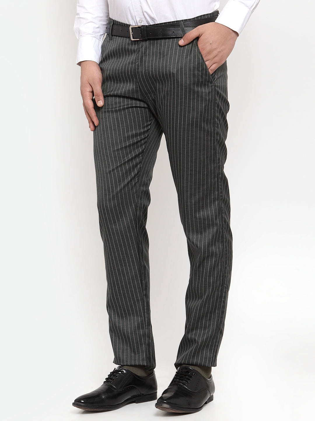 Men's Green Cotton Striped Formal Trousers ( FGP 255Olive ) - Jainish