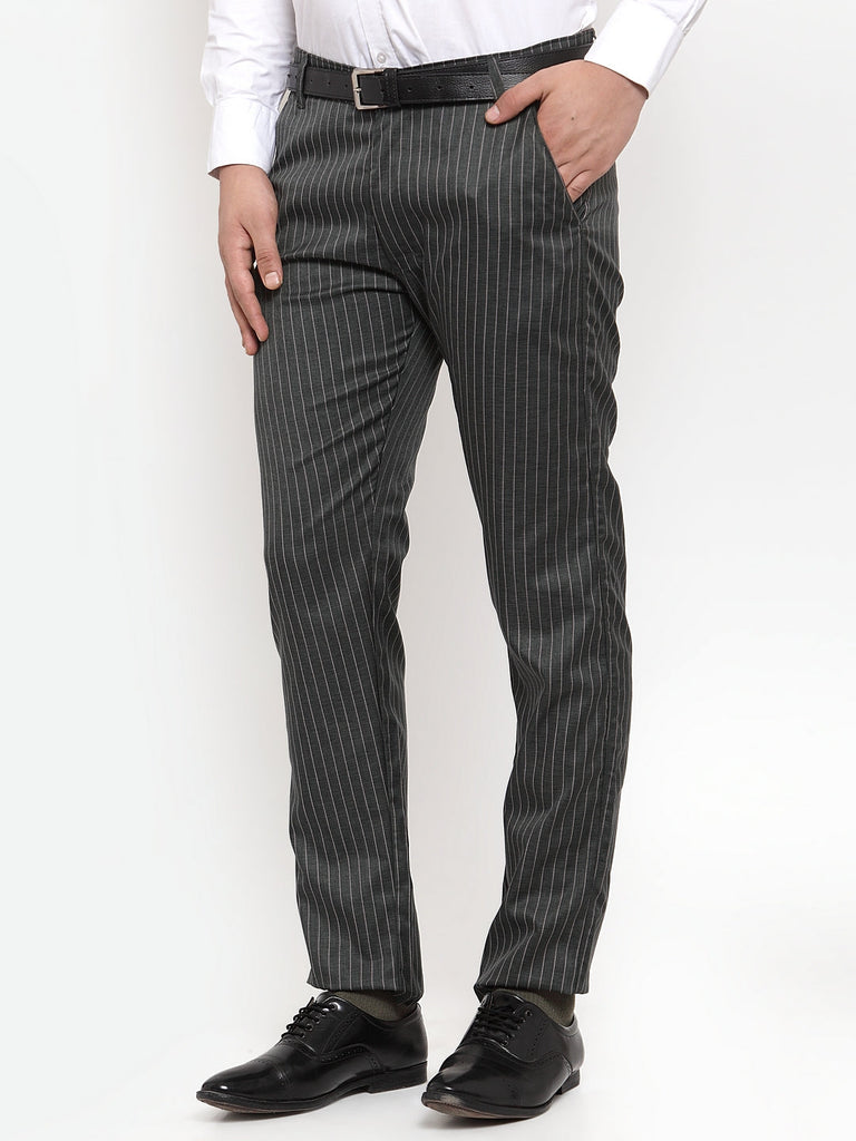 Men's Green Cotton Striped Formal Trousers ( FGP 255Olive )