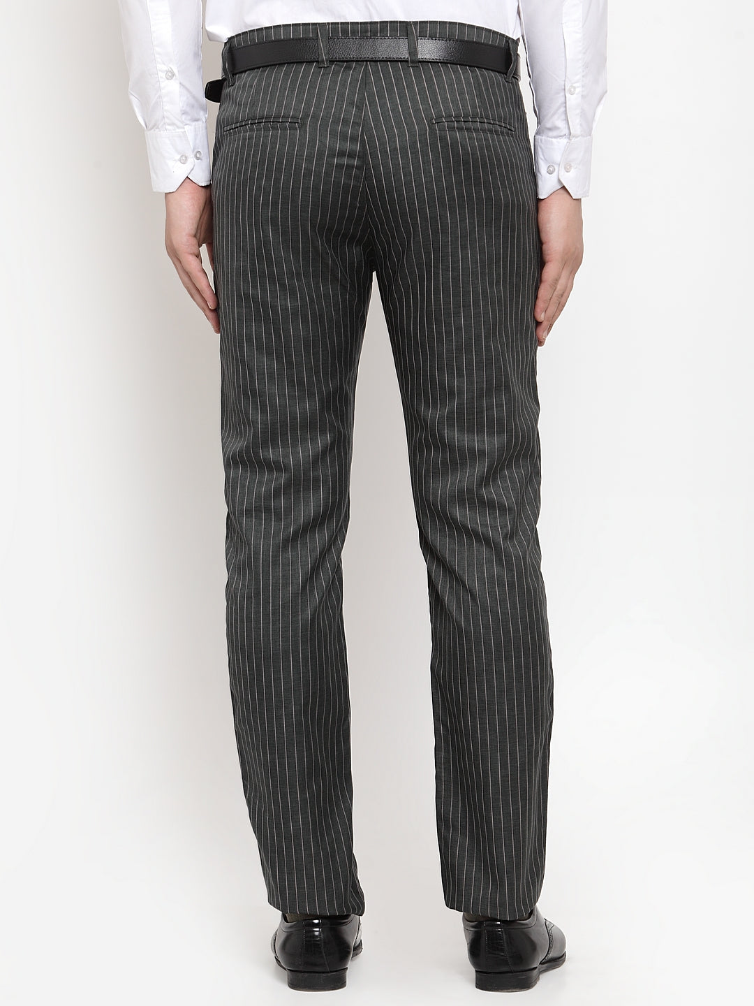 Men's Green Cotton Striped Formal Trousers ( FGP 255Olive ) - Jainish