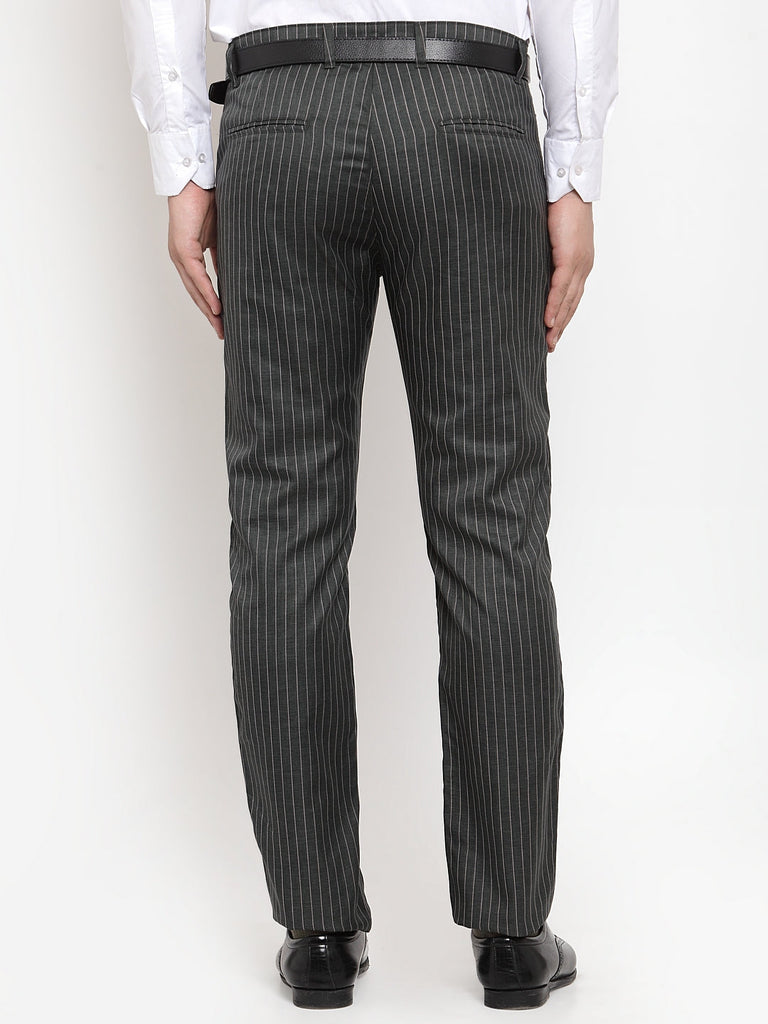 Men's Green Cotton Striped Formal Trousers ( FGP 255Olive )