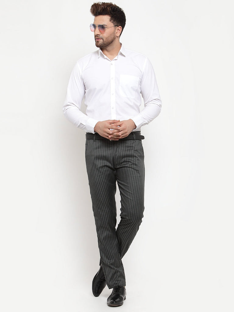 Men's Green Cotton Striped Formal Trousers ( FGP 255Olive )