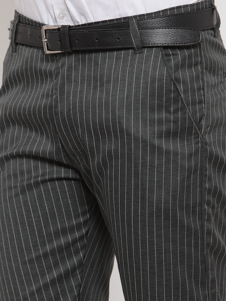 Men's Green Cotton Striped Formal Trousers ( FGP 255Olive )
