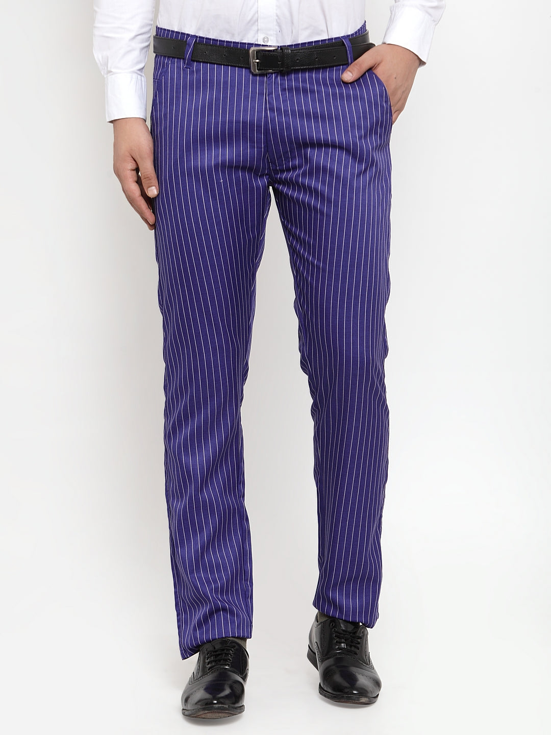 Men's Blue Cotton Striped Formal Trousers ( FGP 255Royal-Blue ) - Jainish
