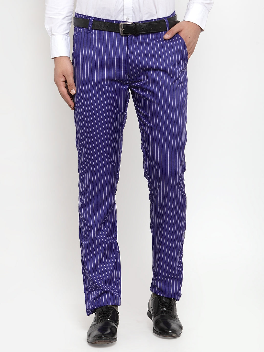 Men's Blue Cotton Striped Formal Trousers ( FGP 255Royal-Blue )