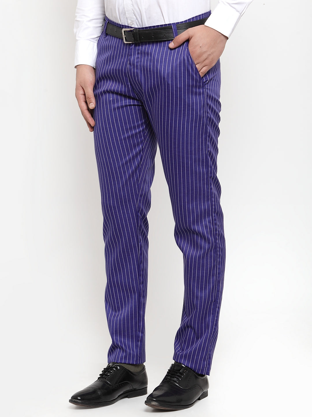 Men's Blue Cotton Striped Formal Trousers ( FGP 255Royal-Blue ) - Jainish
