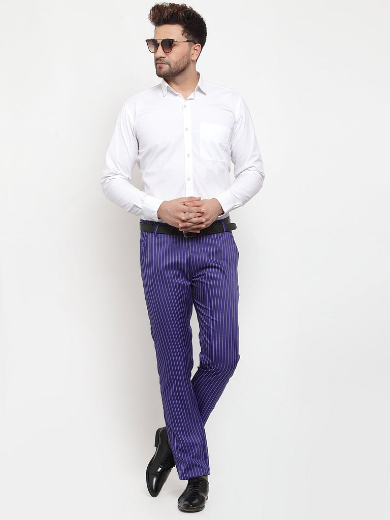 Men's Blue Cotton Striped Formal Trousers ( FGP 255Royal-Blue )