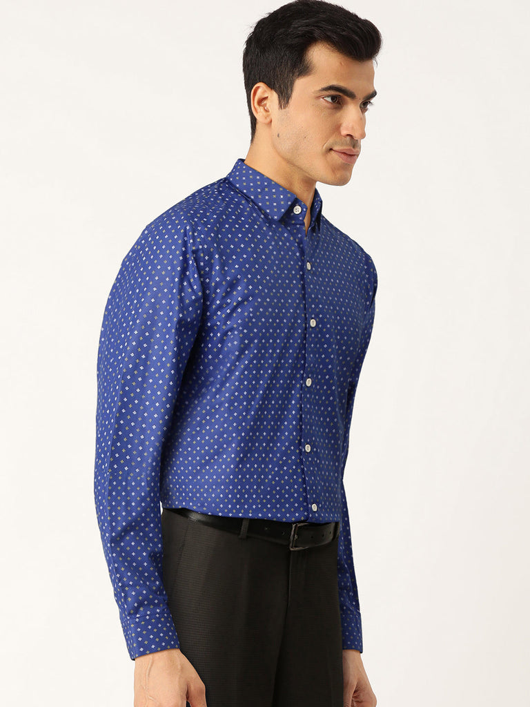 Men's Blue Cotton Printed Formal Shirts ( SF 716Blue )