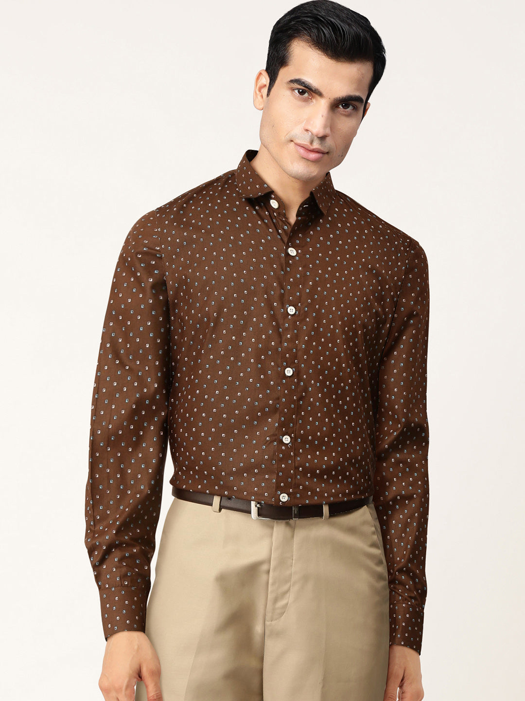 Men's Brown Cotton Printed Formal Shirts ( SF 716Coffee ) - Jainish