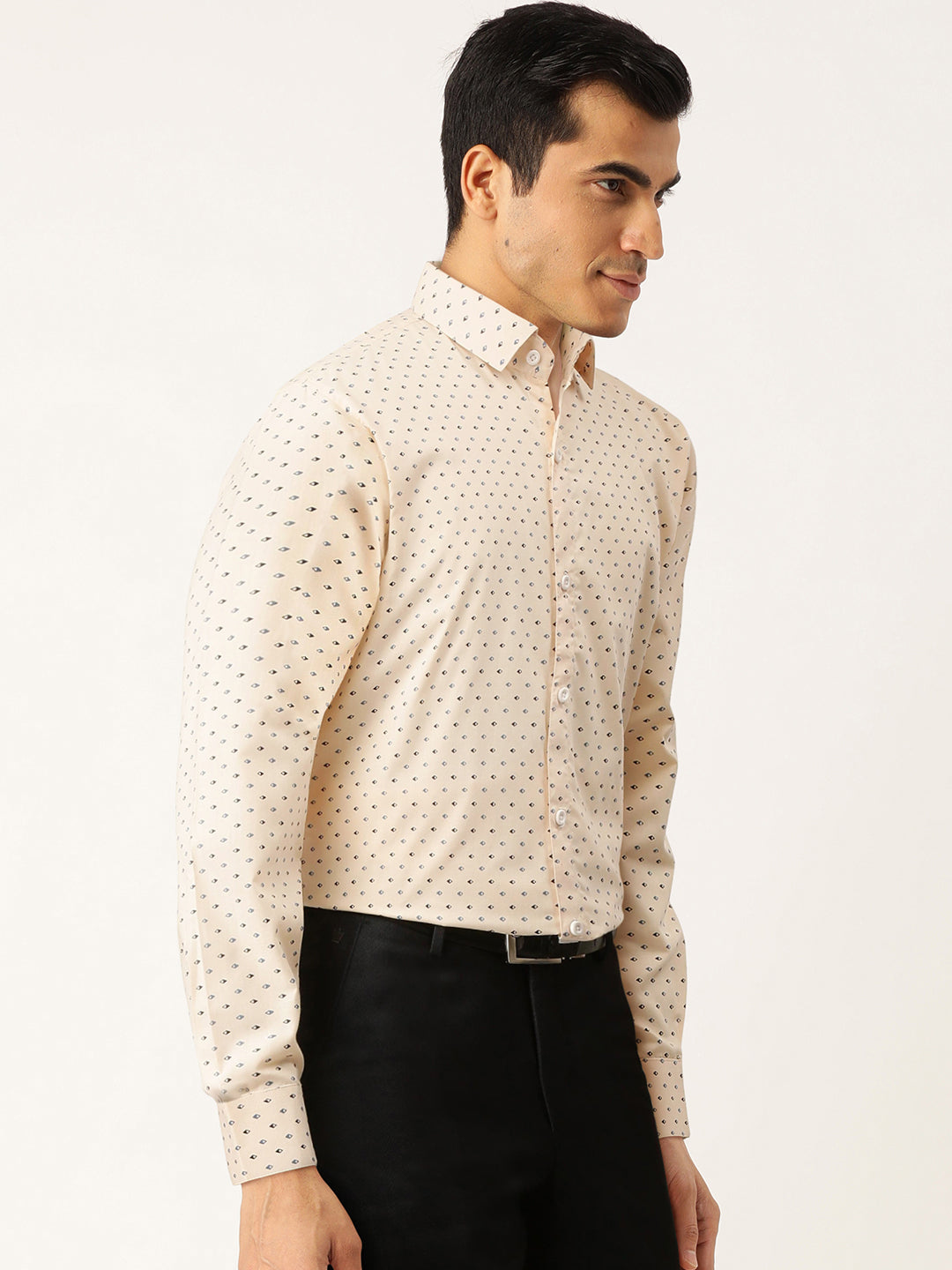Men's Cream Cotton Printed Formal Shirts ( SF 716Cream ) - Jainish