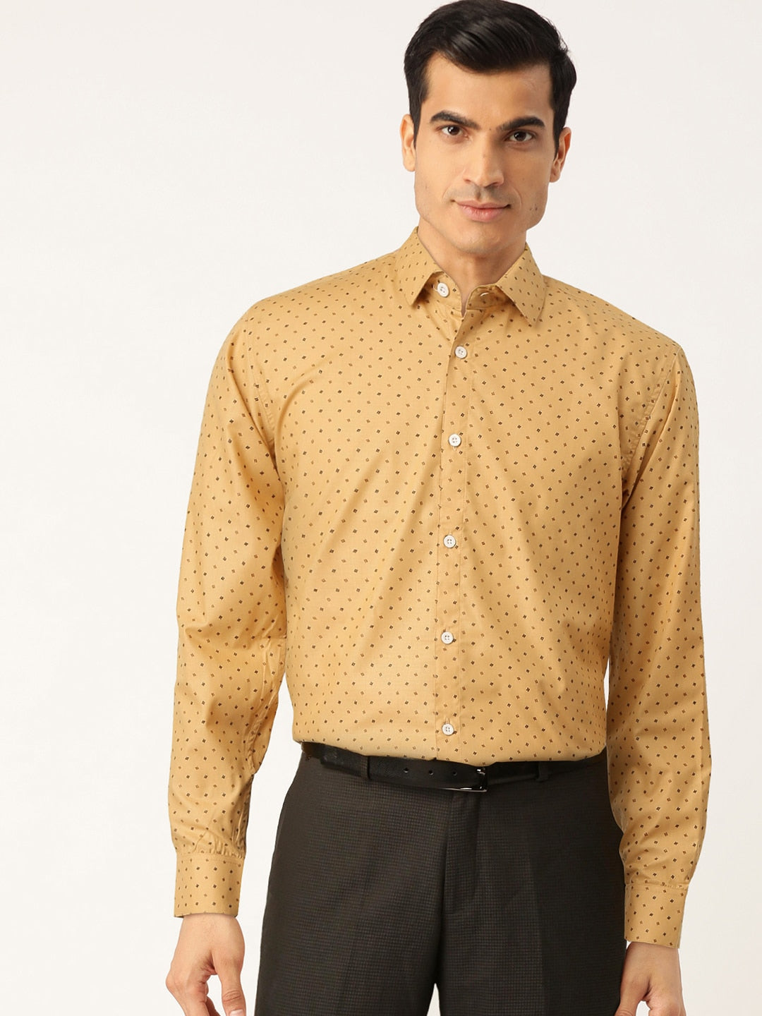 Men's Yellow Cotton Printed Formal Shirts ( SF 716Mustard ) - Jainish