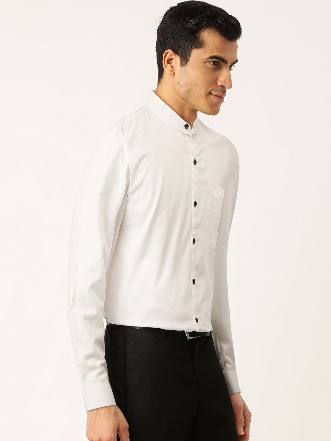 Men's White Cotton Solid Mandarin Collar Formal Shirts ( SF 726White ) - Jainish
