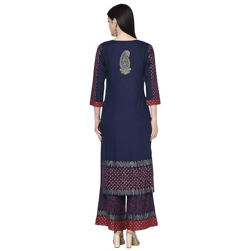 Women's Navy Blue Rayon Block print straight kurt