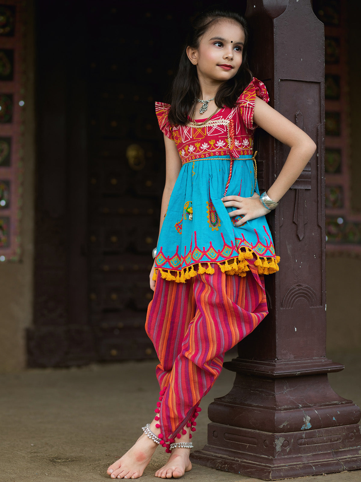 Girl's Gamthi Navratri Sky Blue Kids Kedia Dhoti Set - HALEMONS