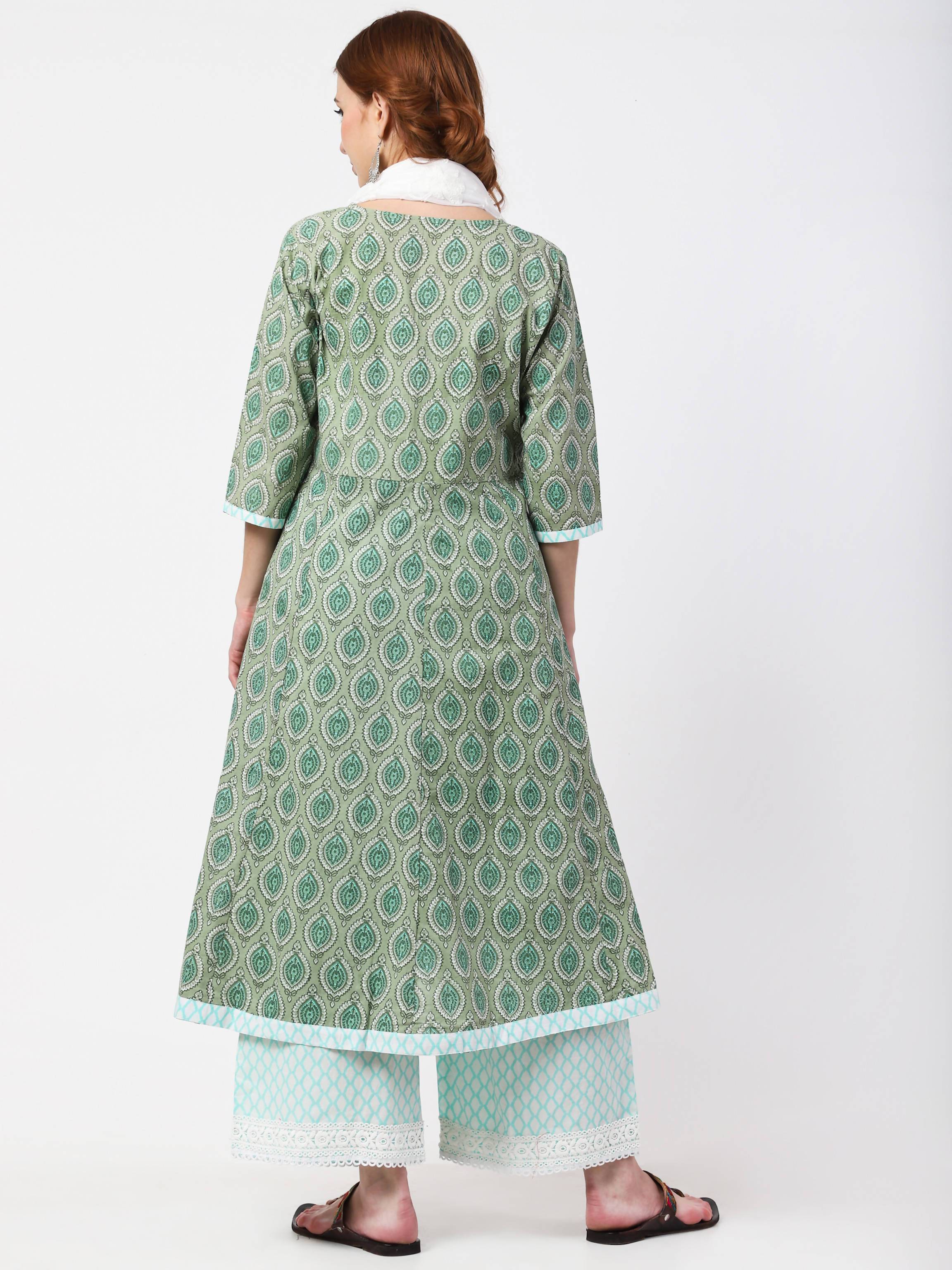 Women's Green & Off White 100% Cotton Anarkali Kurta Palazzo Pant & Embroidered Dupatta Set - Cheera