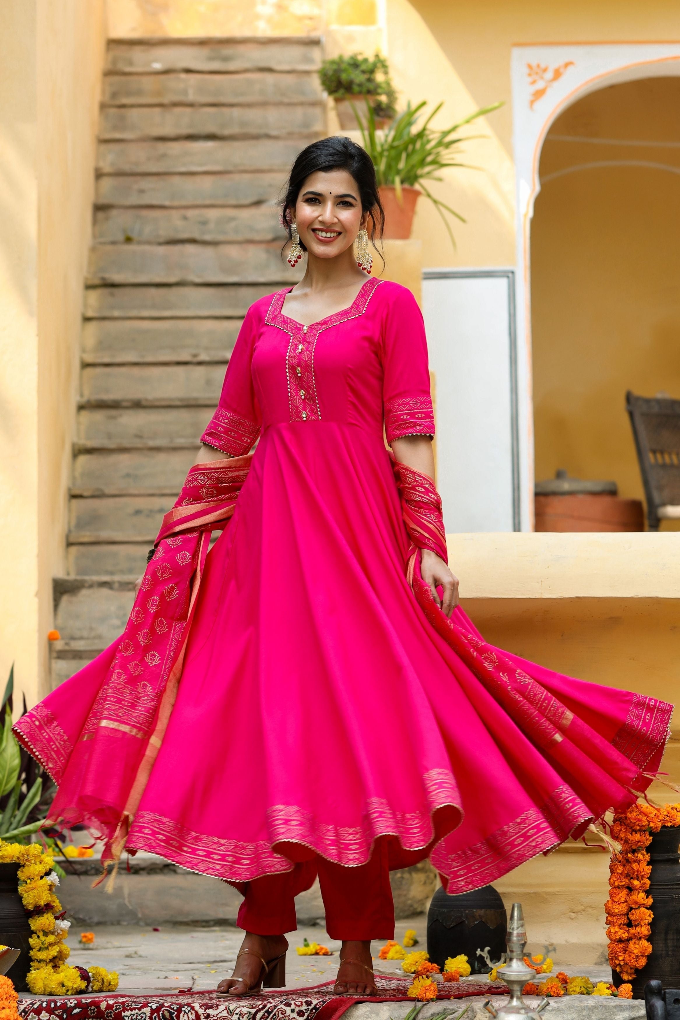 Women's Rani Pink Flared Suit Set-Gillori