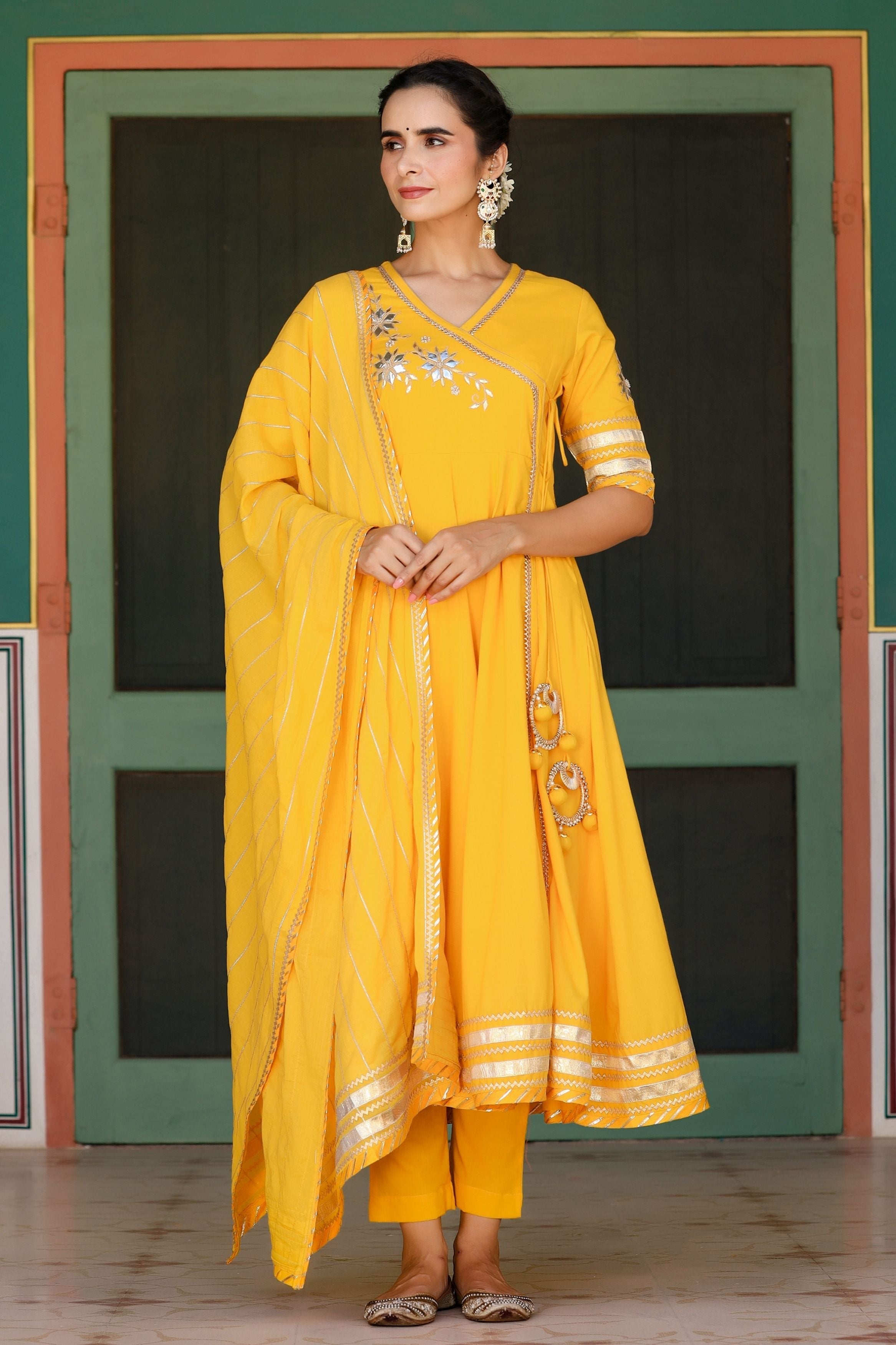 Women's Basant Angrakha Anarkali Suit Set-Gillori
