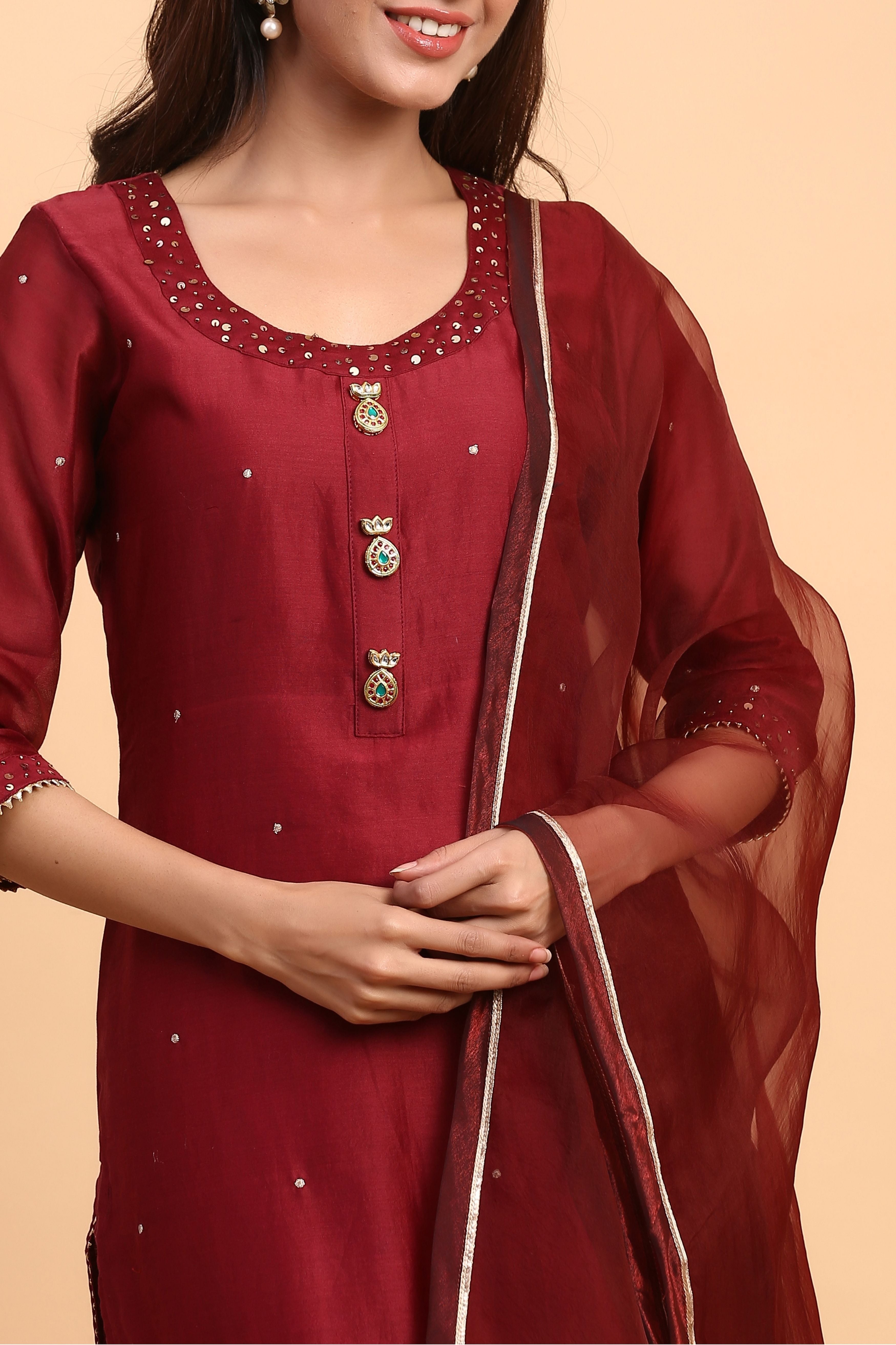 Women's  Mahogany Chanderi Suit Set - Gillori