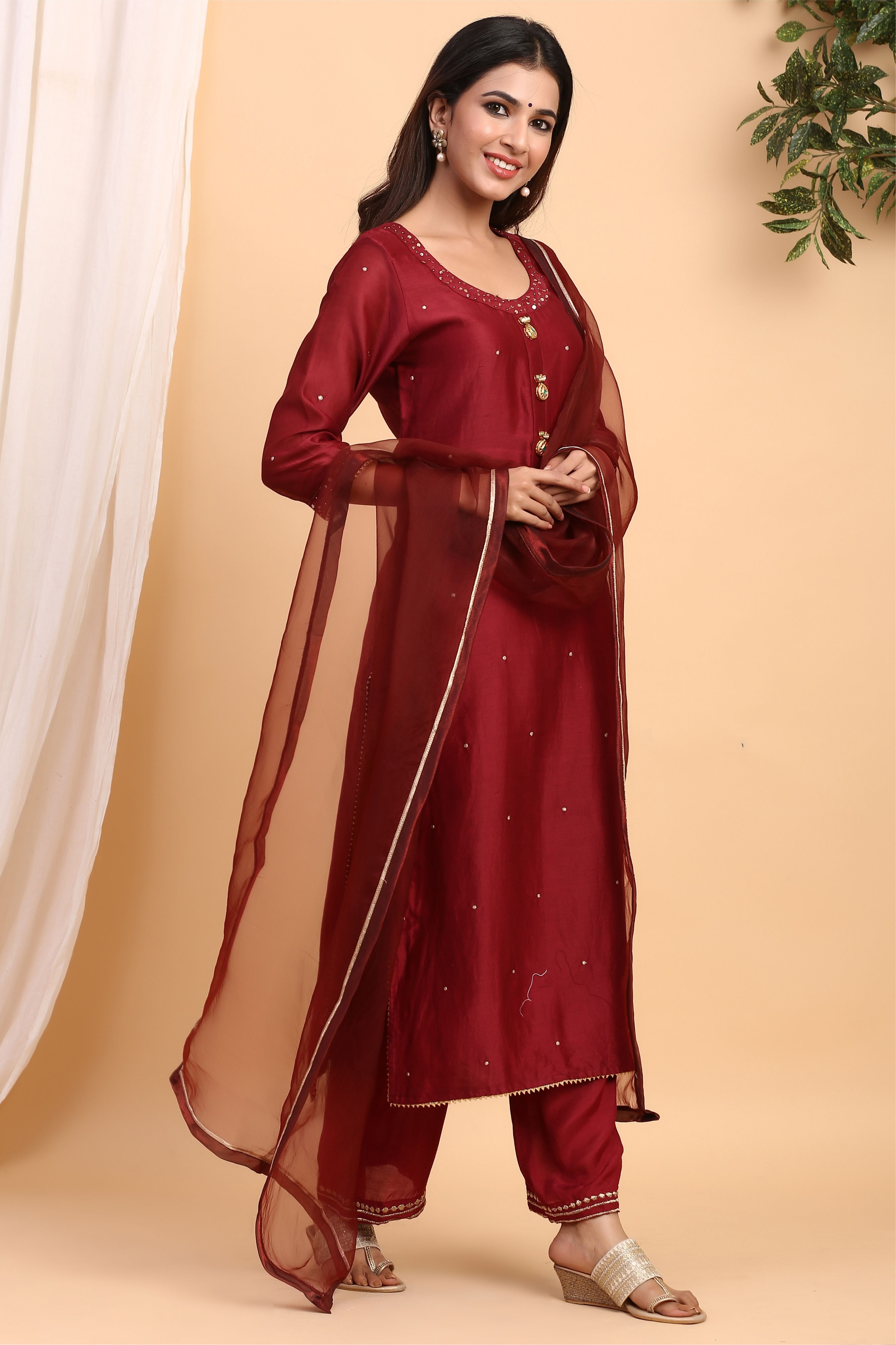 Women's  Mahogany Chanderi Suit Set - Gillori