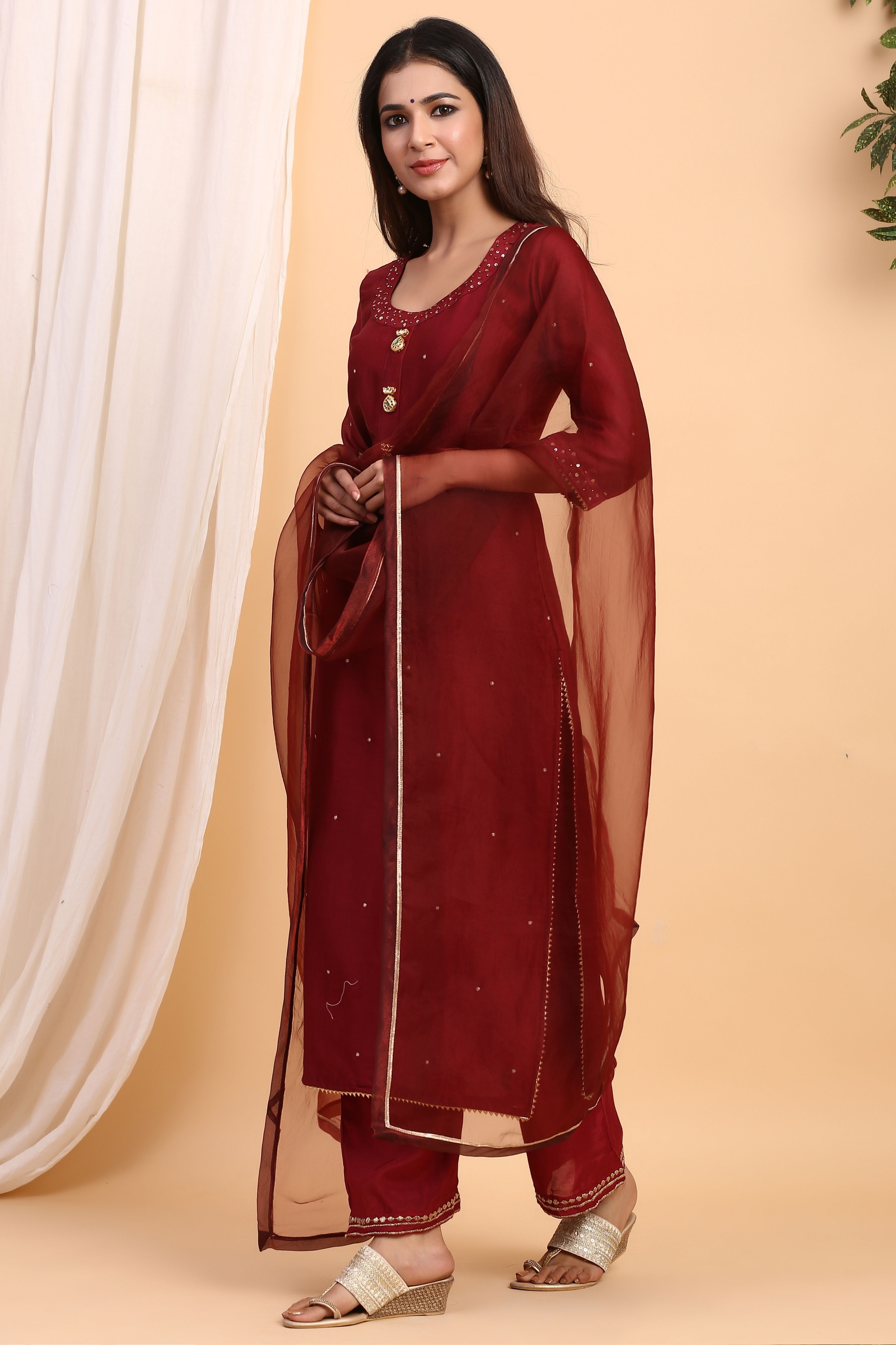 Women's  Mahogany Chanderi Suit Set - Gillori