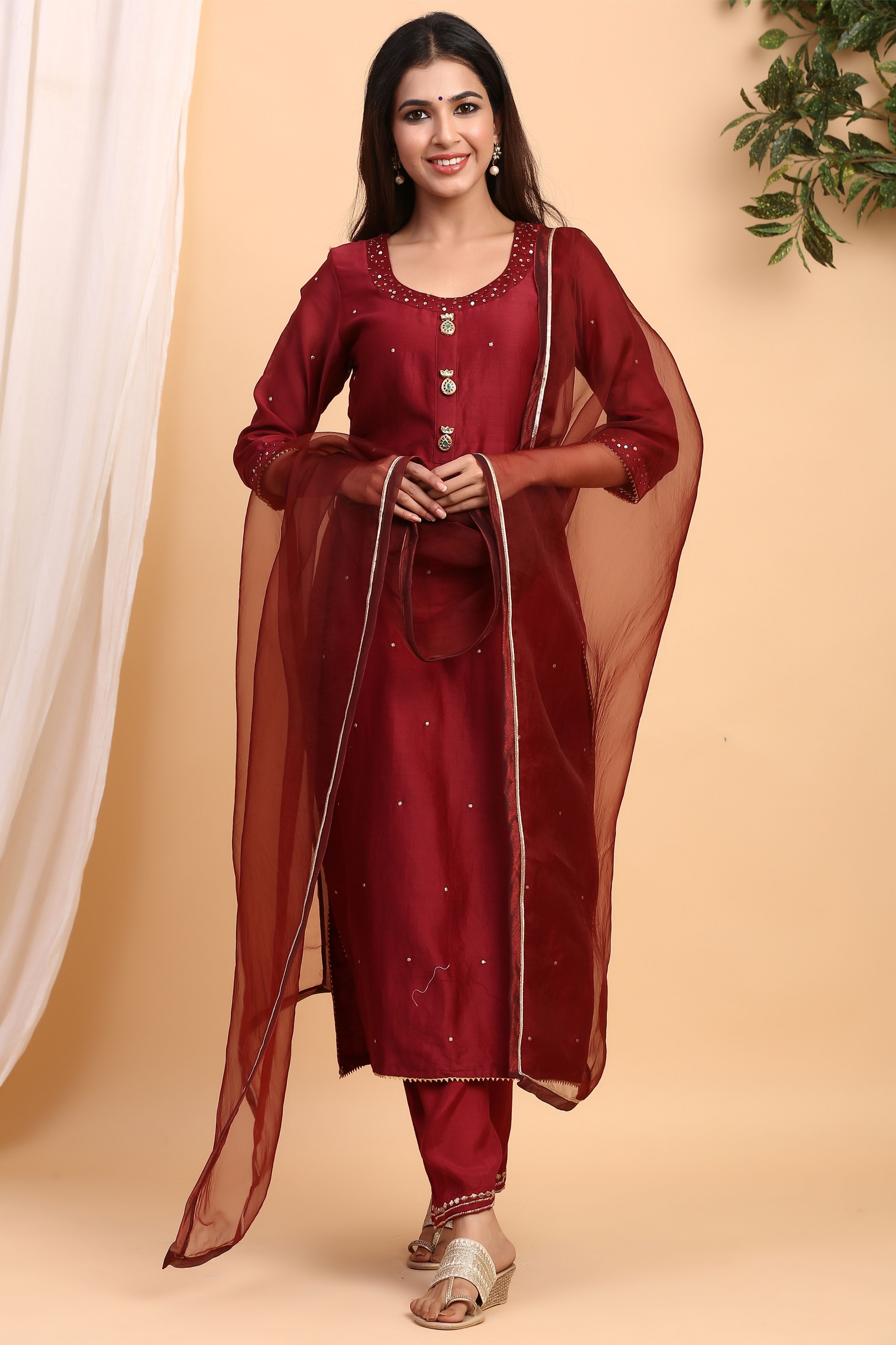 Women's  Mahogany Chanderi Suit Set - Gillori