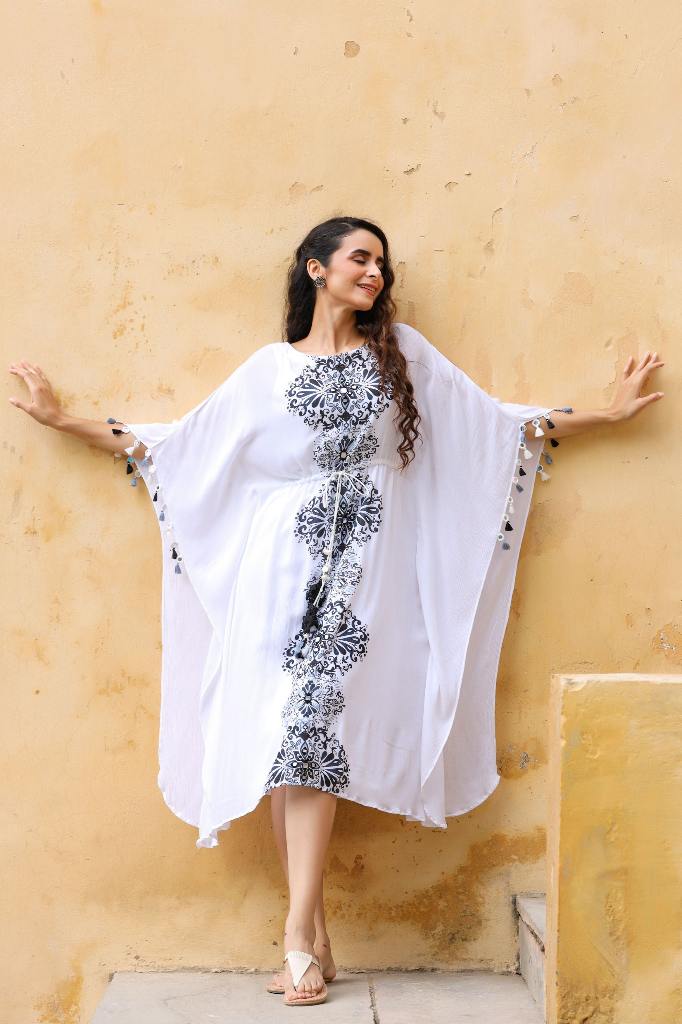 Women's White Cotton Crape Kaftan Dress with Inner-Gillori