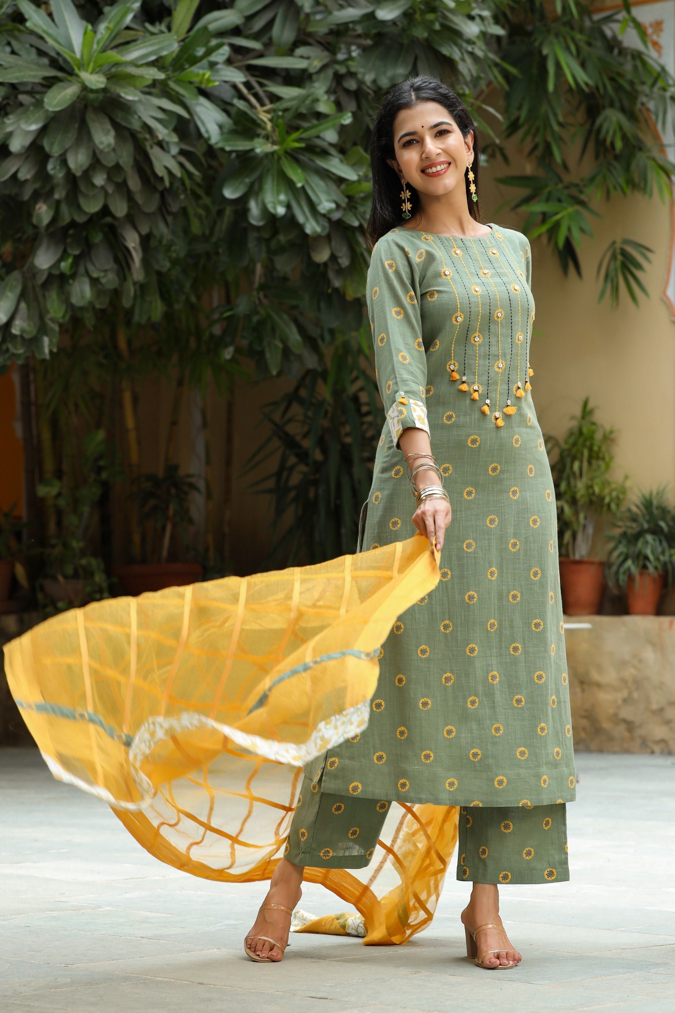 Women's Marigold Cotton Suit Set with Dupatta-Gillori