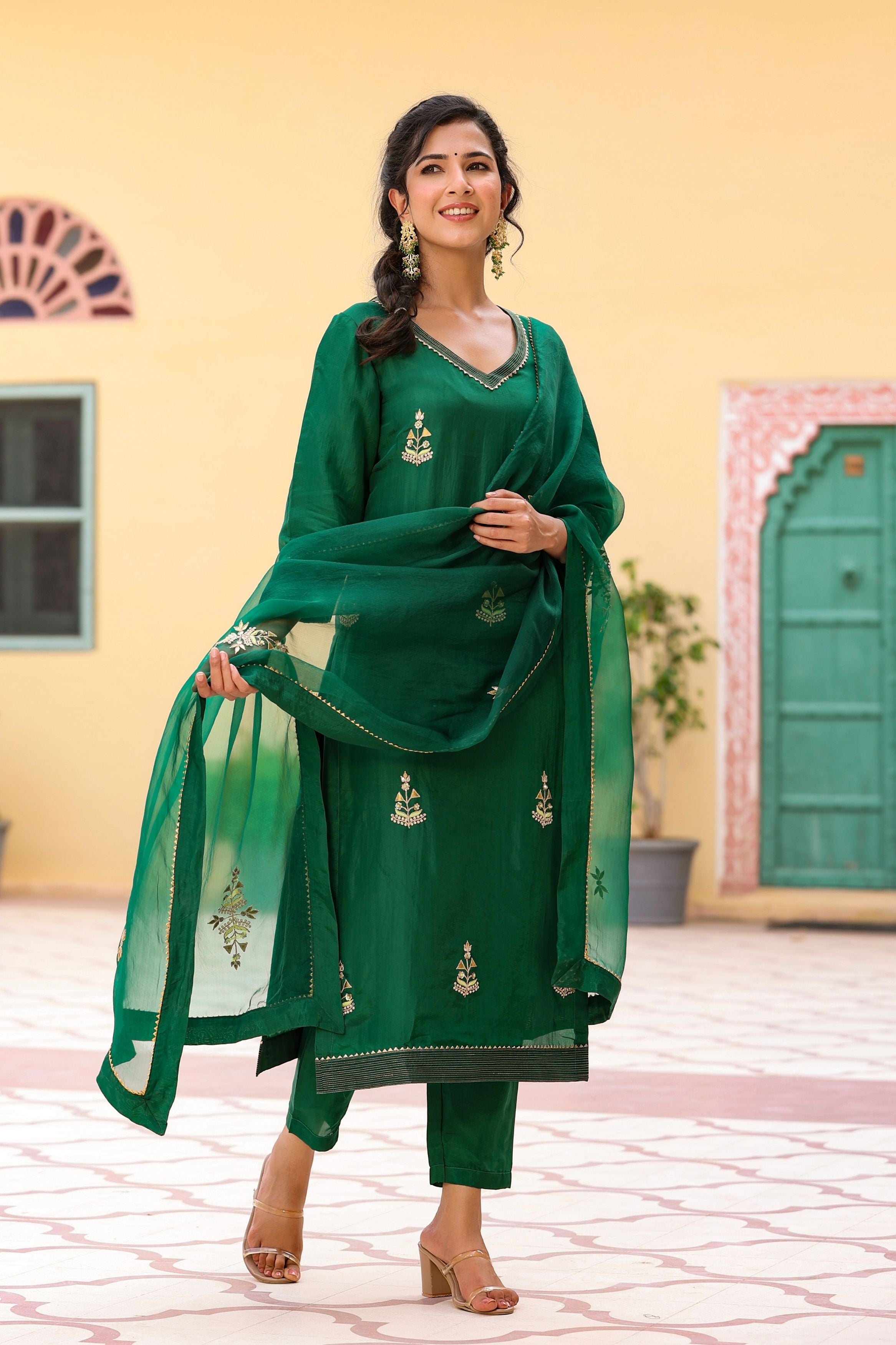 Women's Pavitra Embroidered Silk Green Suit Set-Gillori