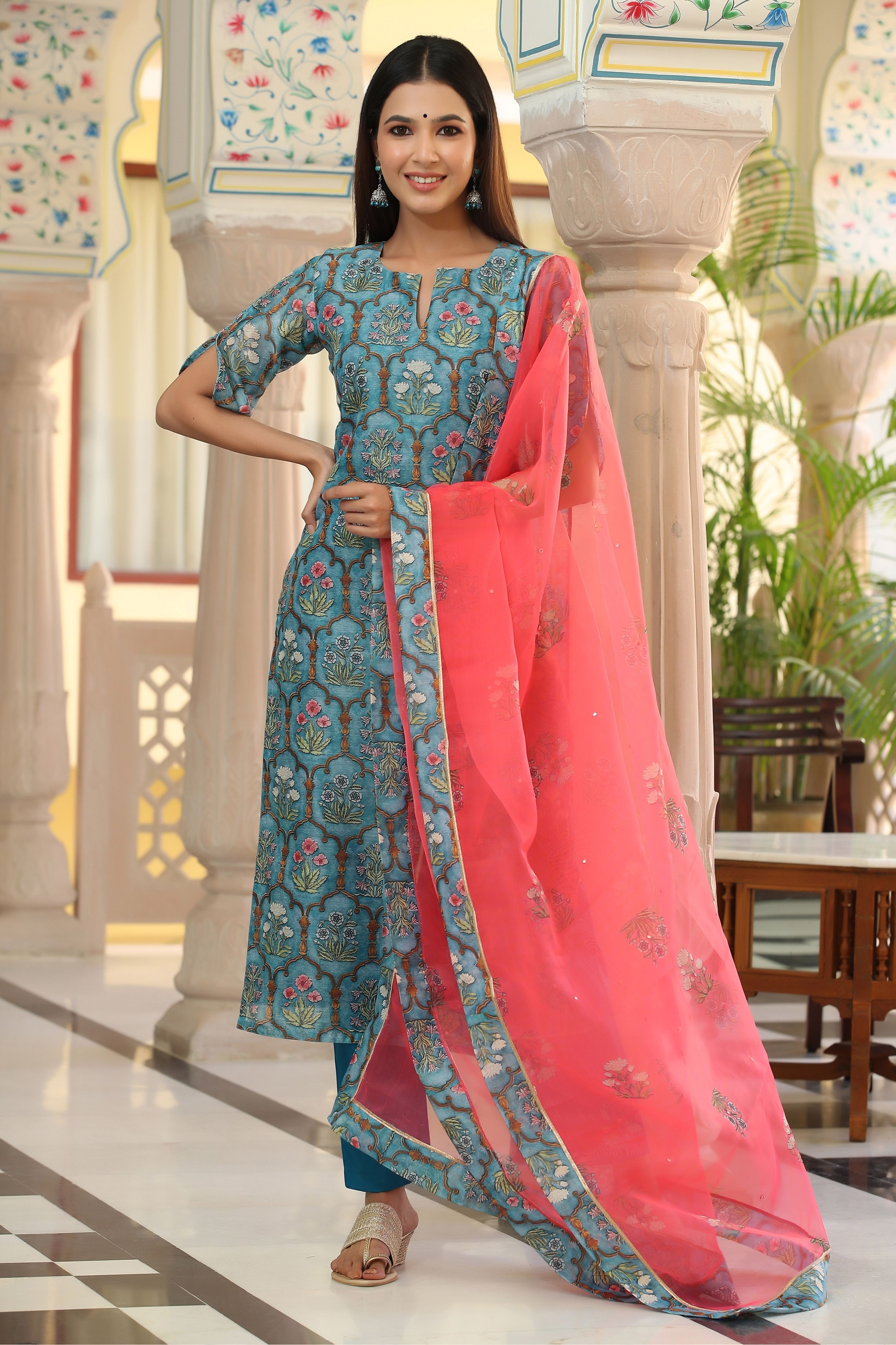 Women's Mughal Jaal Chanderi Suit Set - Gillori  Simple kurti designs,  Silk kurti designs, Sleeves designs for dresses