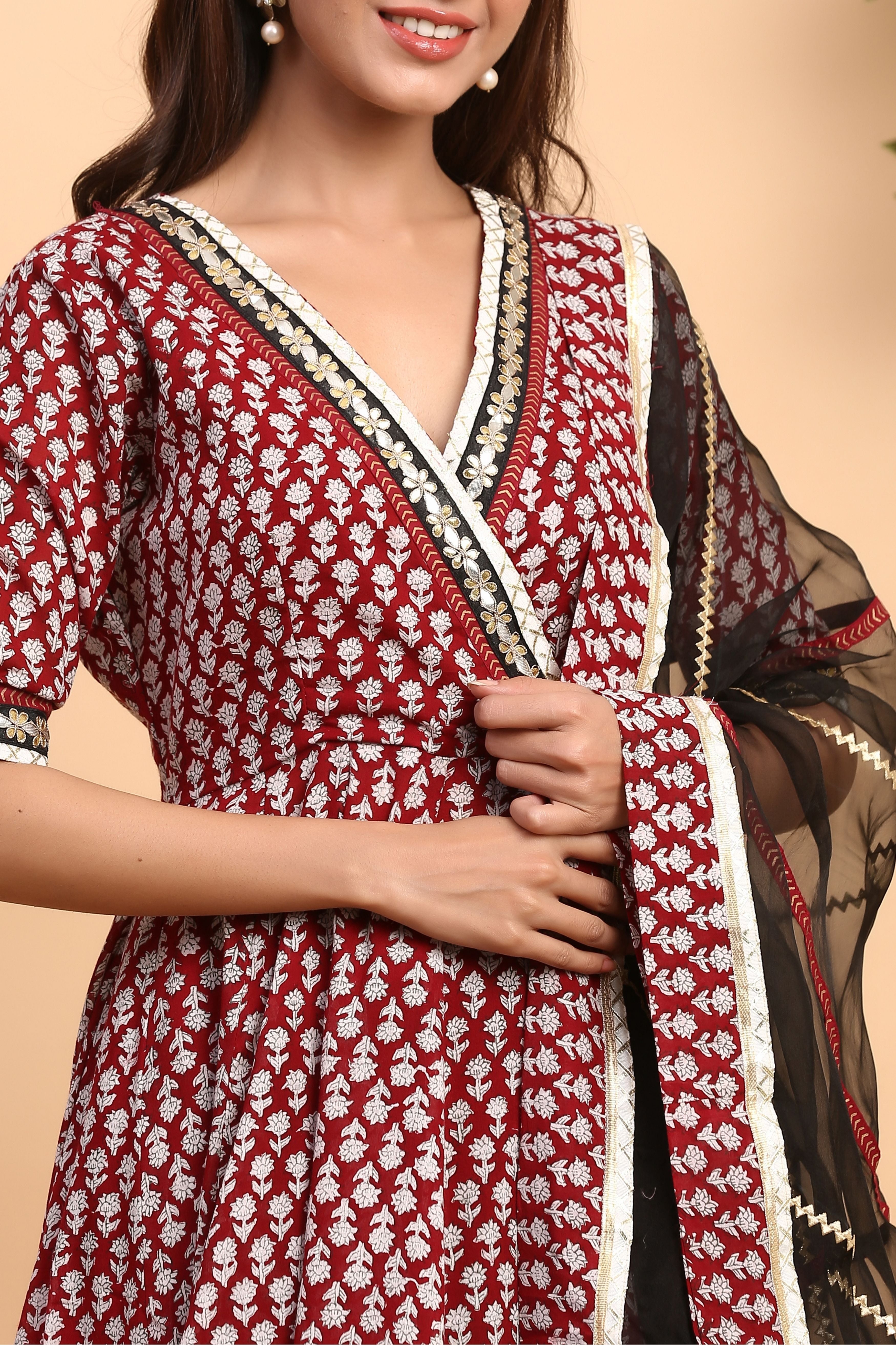 Women's  Mulmul Handblock Kalidar Suit Set - Gillori