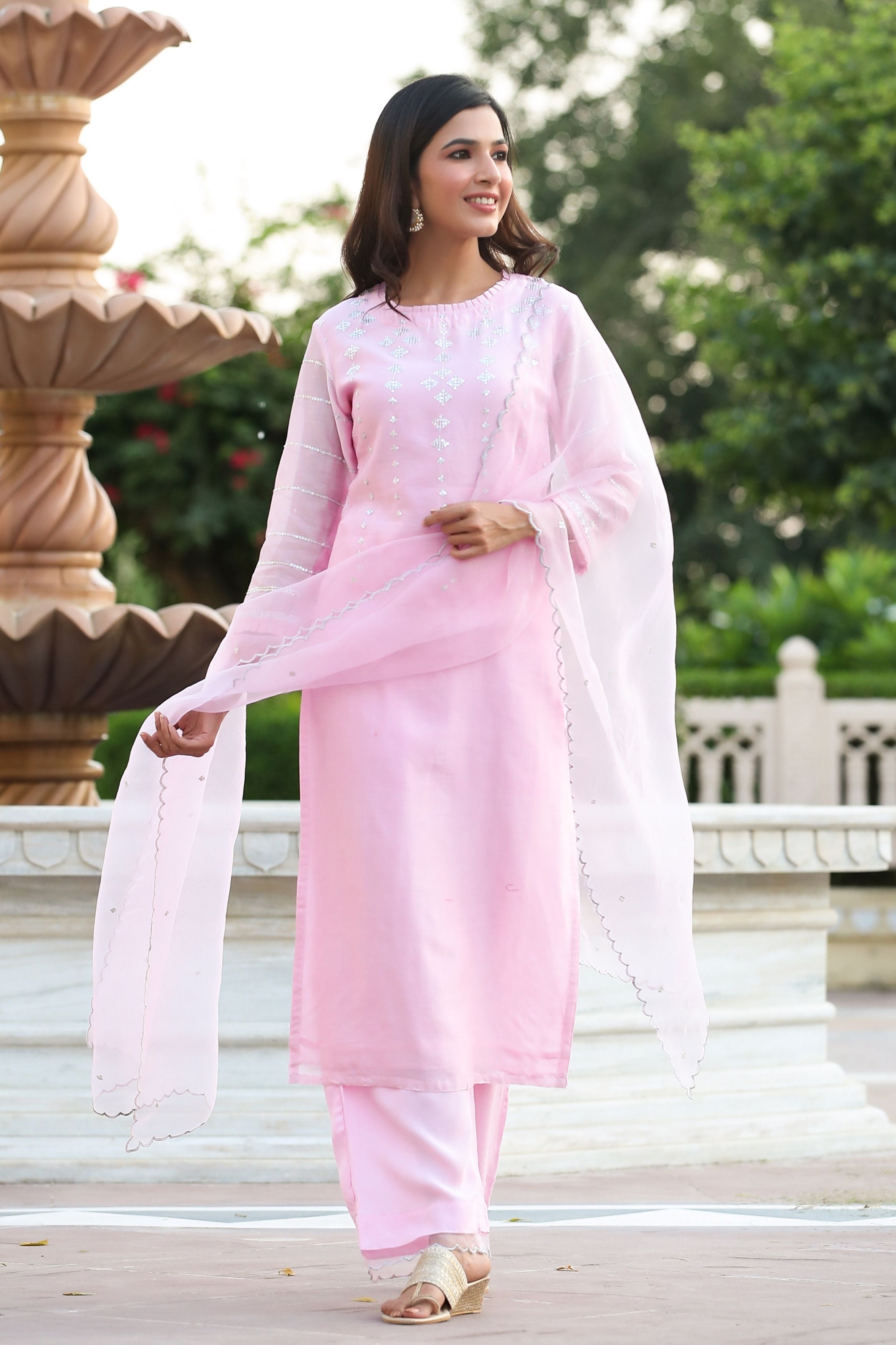Women's Moonstone Pink Pure Chanderi Suit Set-Gillori