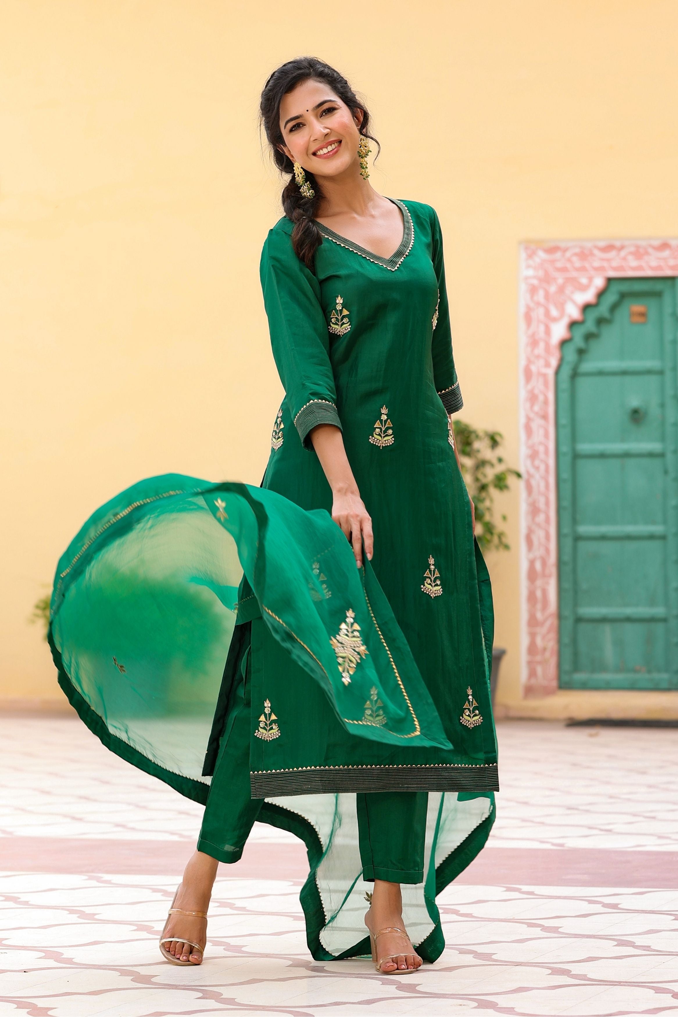 Women's Pavitra Embroidered Silk Green Suit Set-Gillori