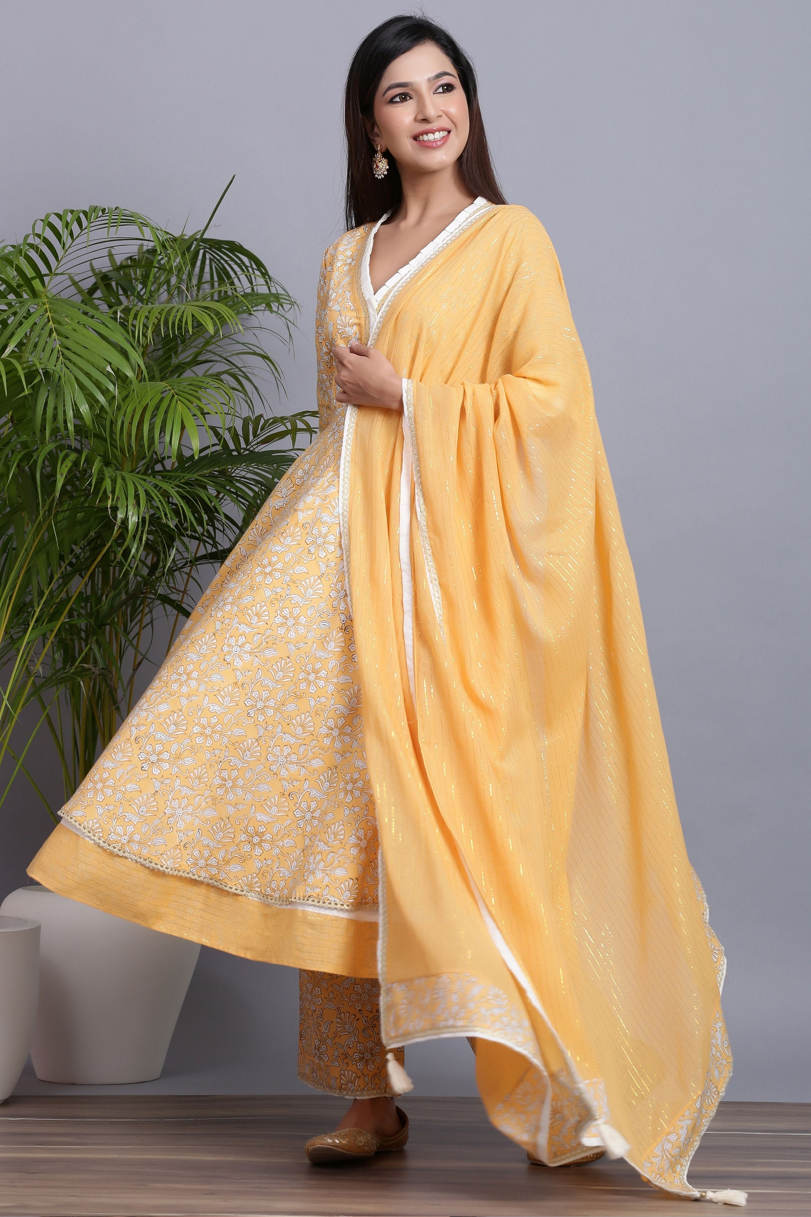 Women's  Sunshine Yellow Handblock Suit Set - Gillori