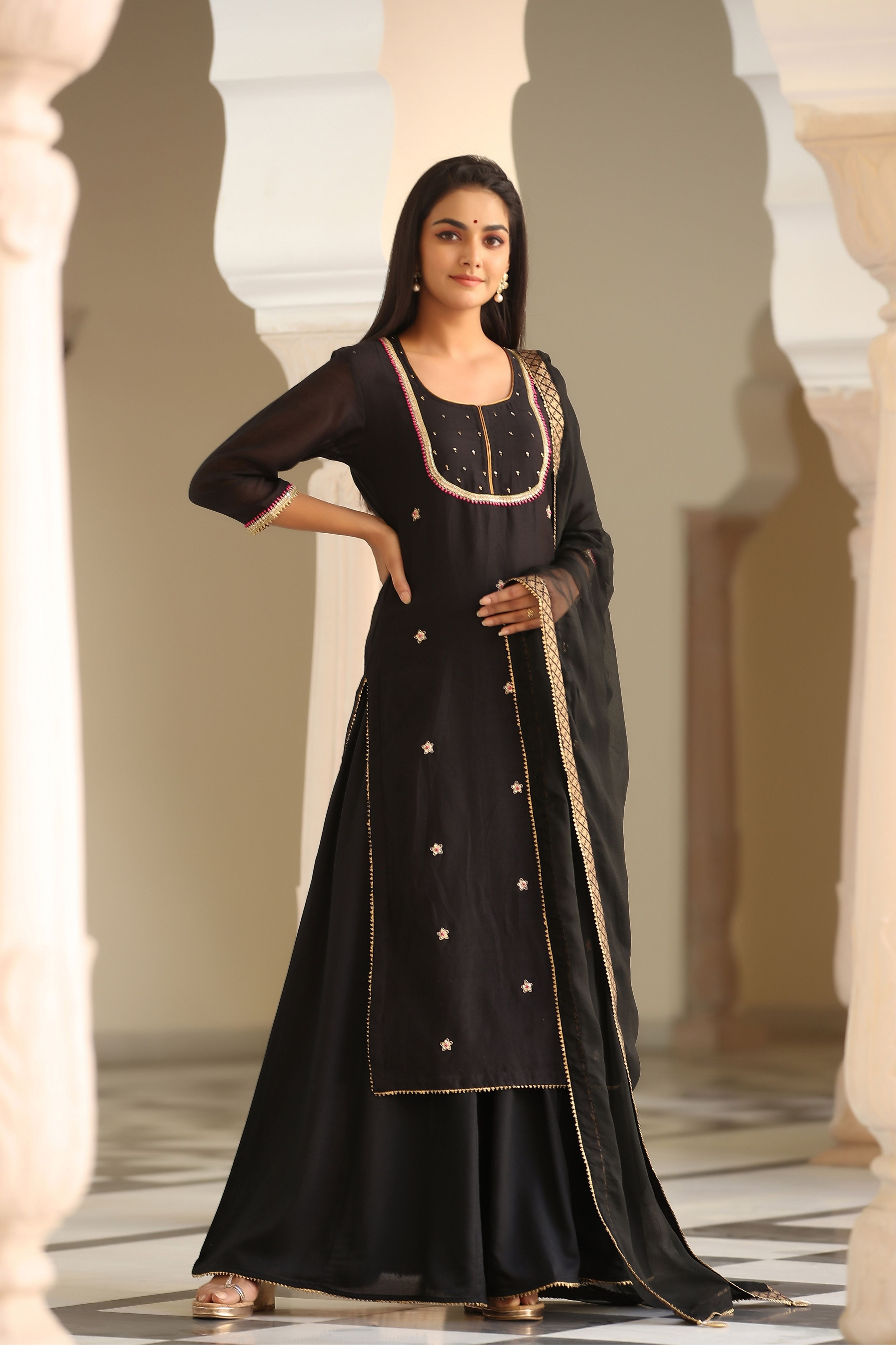 Women's  Sparkle Black Chanderi Suit Set - Gillori