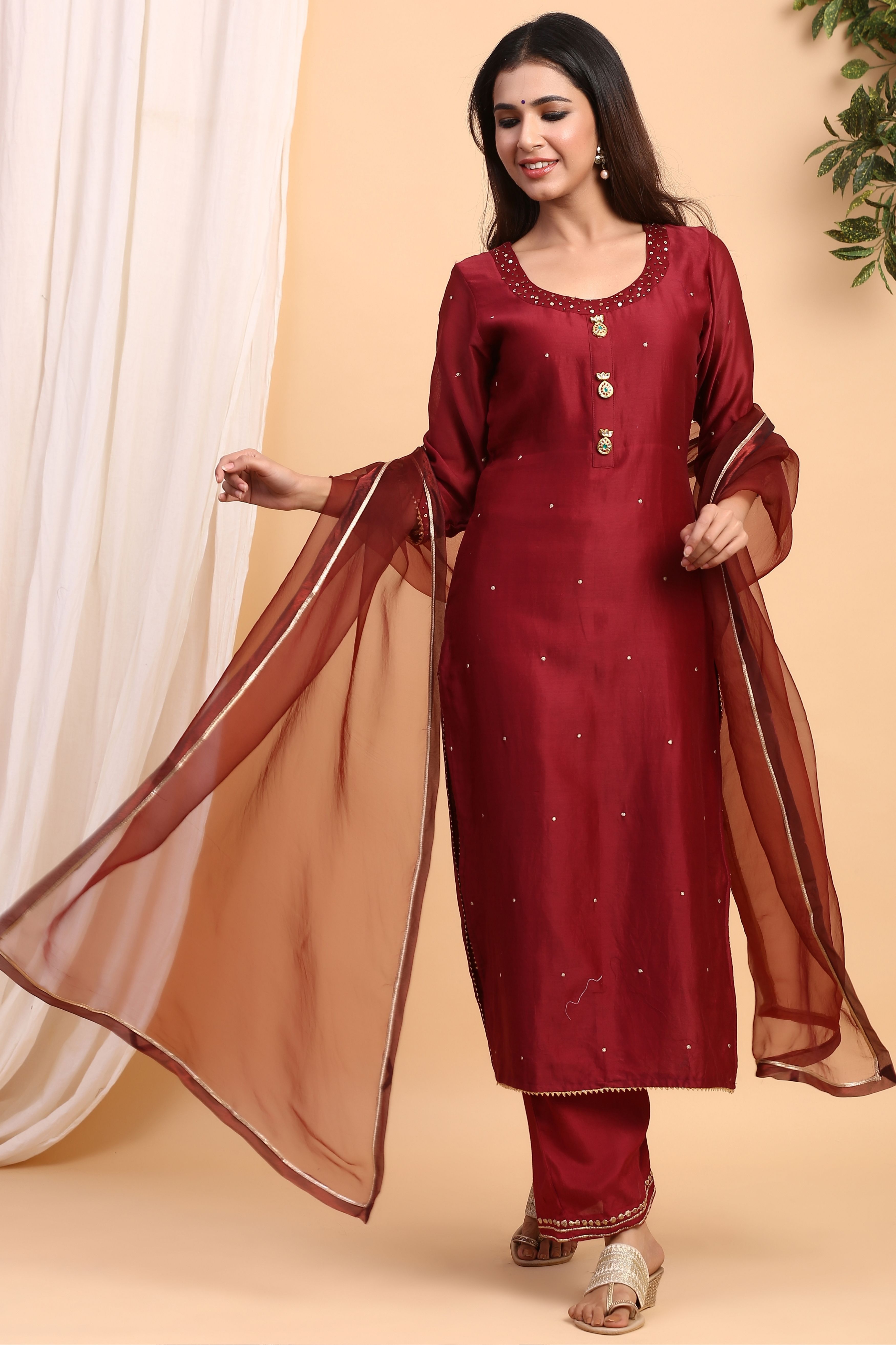 Women's  Mahogany Chanderi Suit Set - Gillori