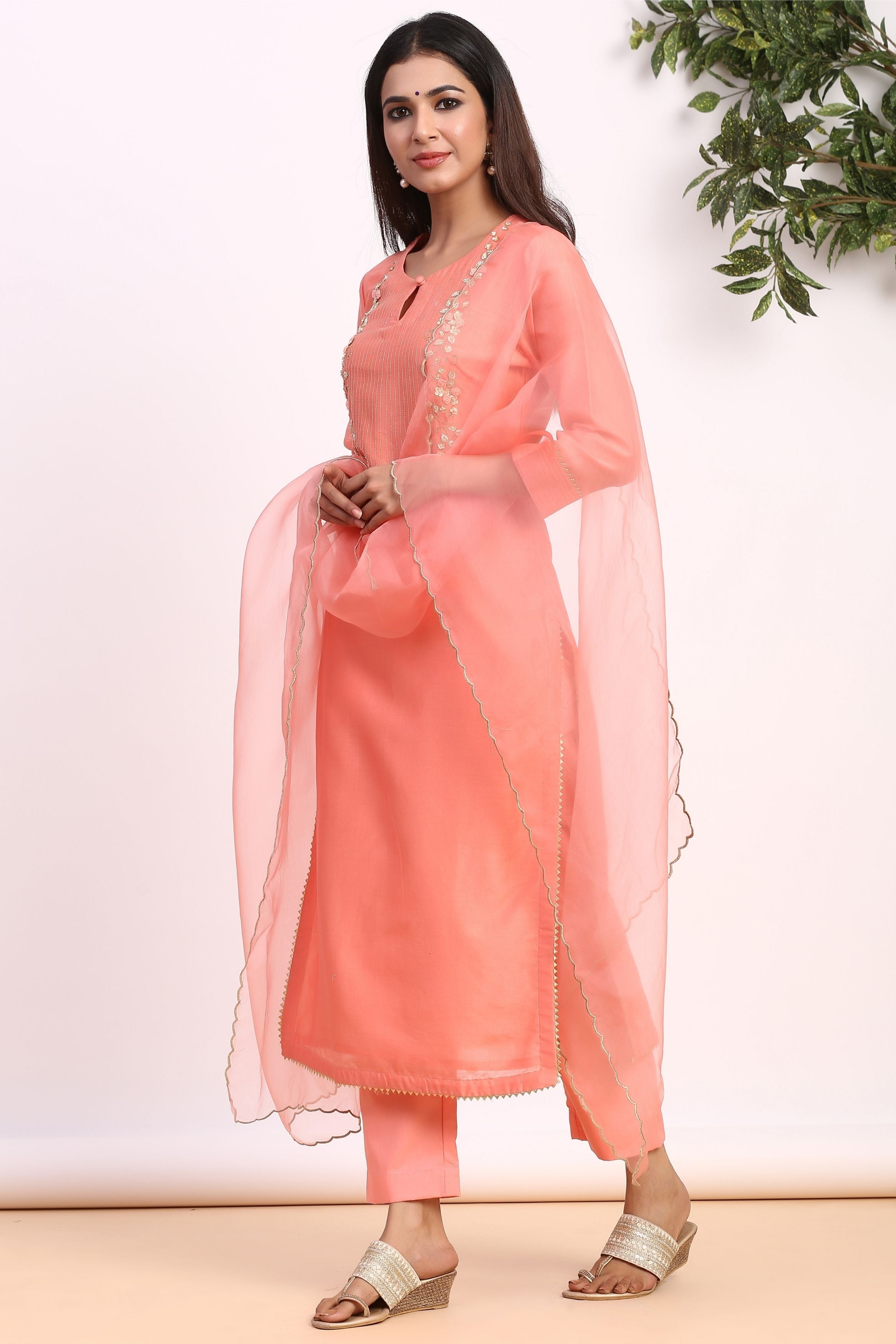 Women's Cosmic Peach Pure Chanderi Suit Set-Gillori