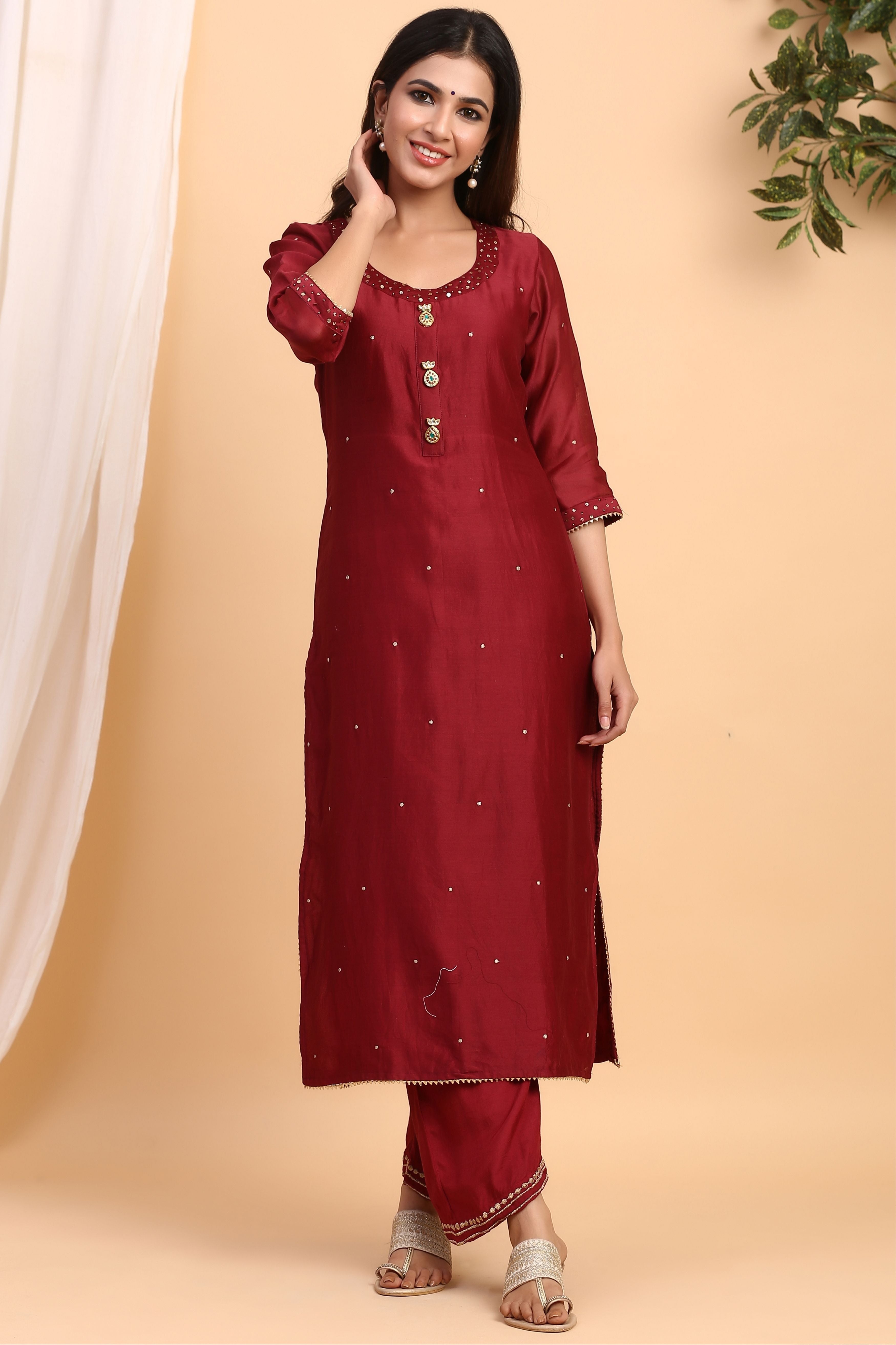 Women's  Mahogany Chanderi Suit Set - Gillori