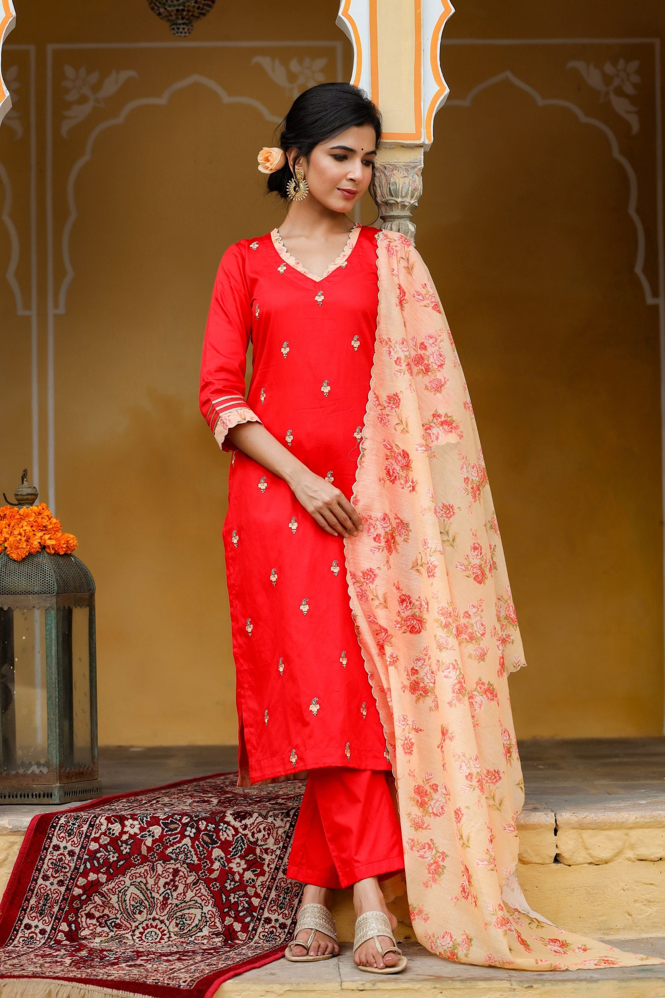 Women's Scarlet Red Embroidered Suit Set-Gillori