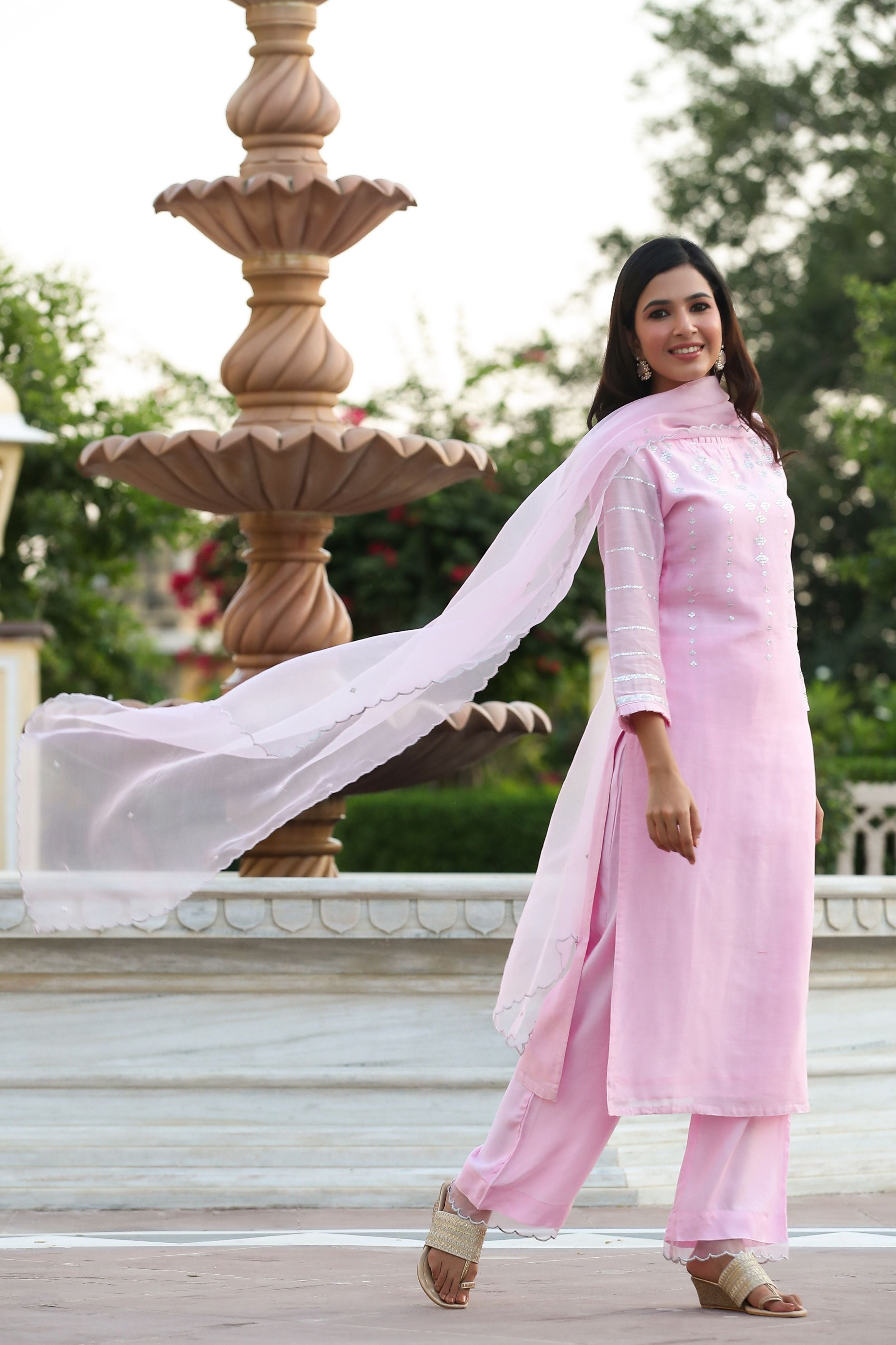 Women's Moonstone Pink Pure Chanderi Suit Set-Gillori