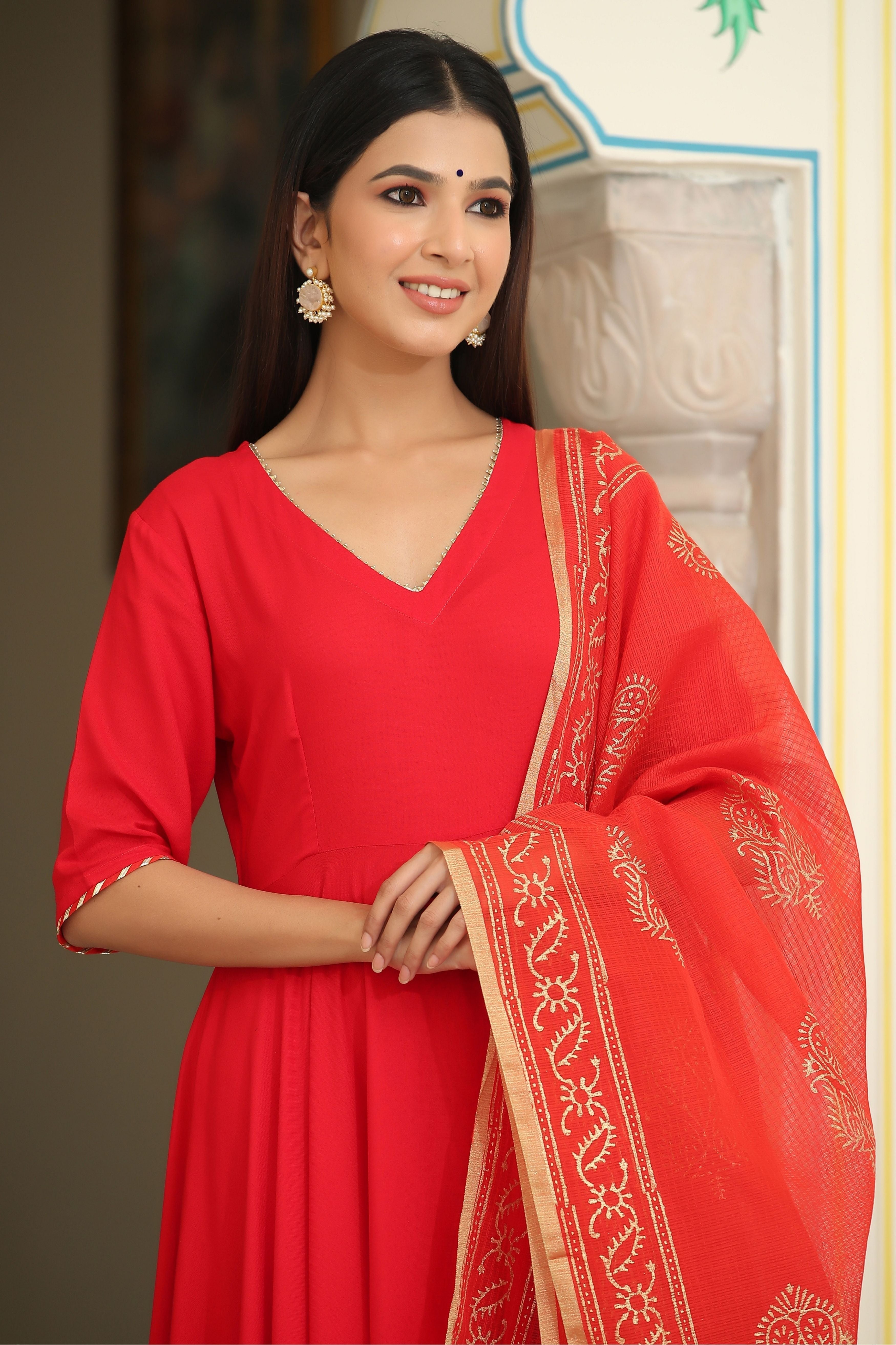 Women's  Jaipuri Rose Red Suit Set - Gillori
